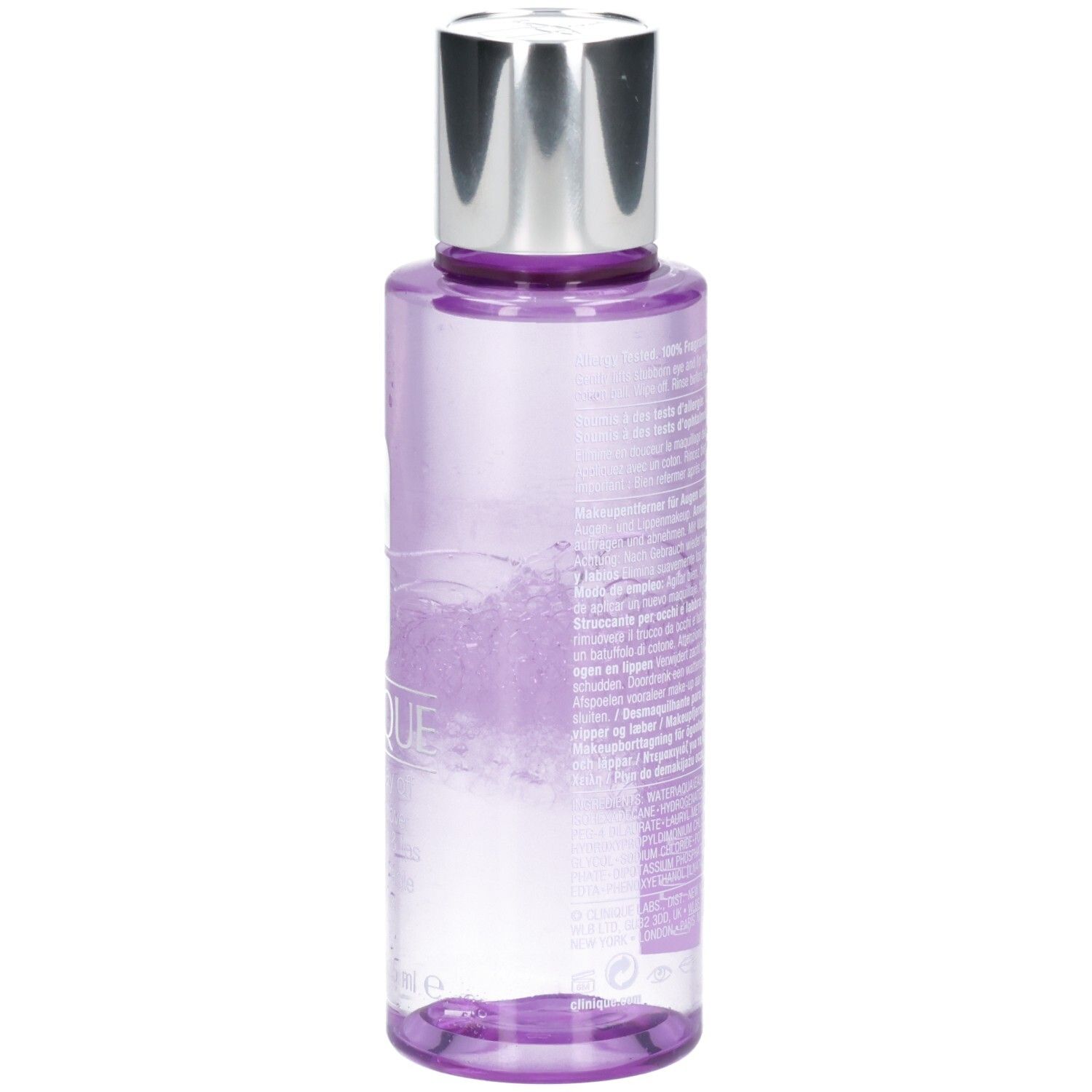 Clinique Make-up Entferner Flasche, Rückseite mit Etikett.