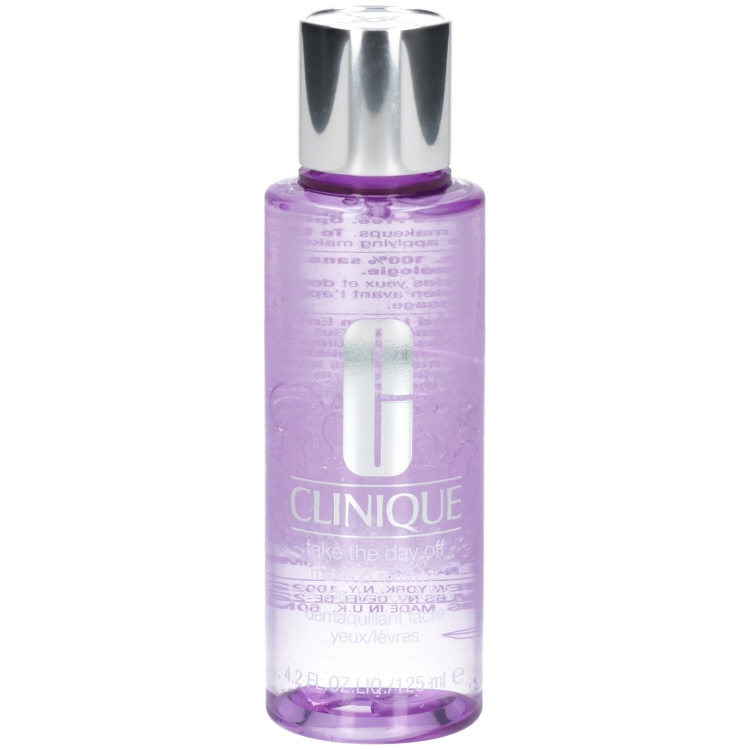 Clinique Make-up Entferner Flasche, Vorderseite mit Logo.