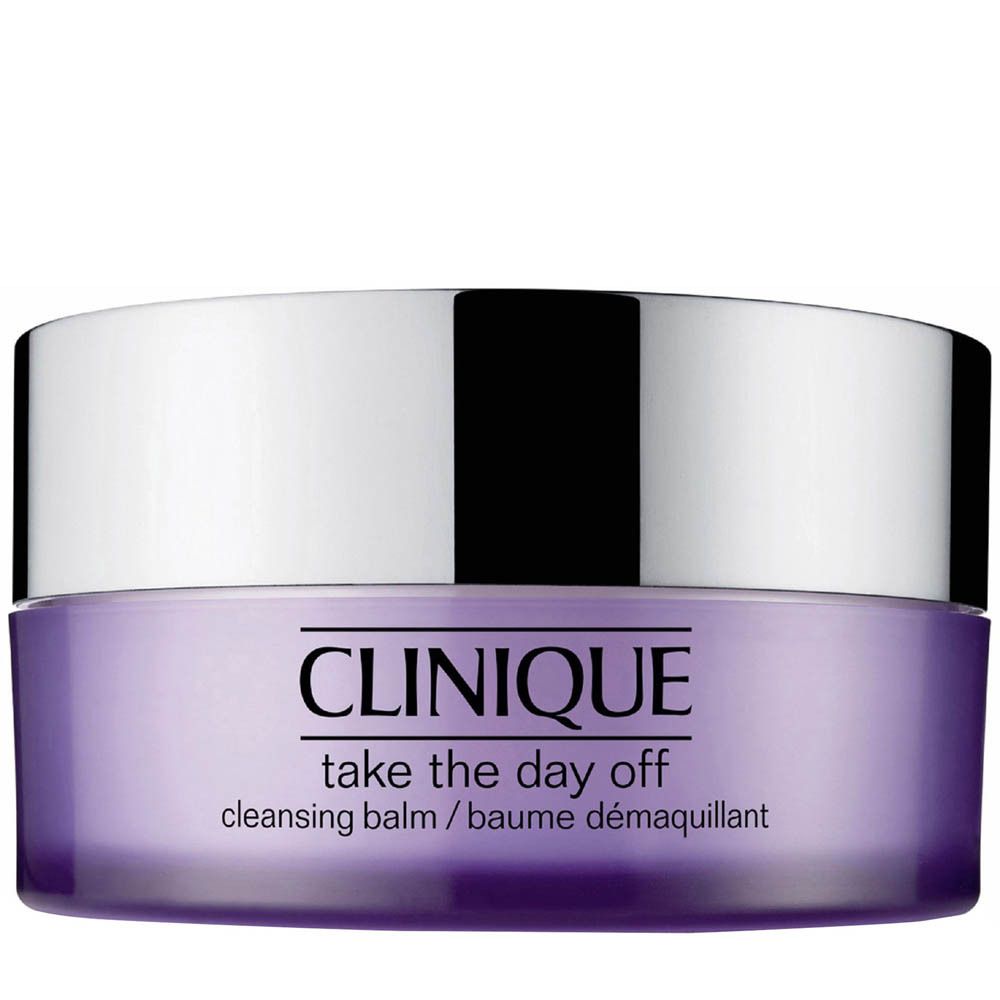 Clinique Take The Day Off Reinigungsbalsam in einem lila Tiegel mit silbernem Deckel.