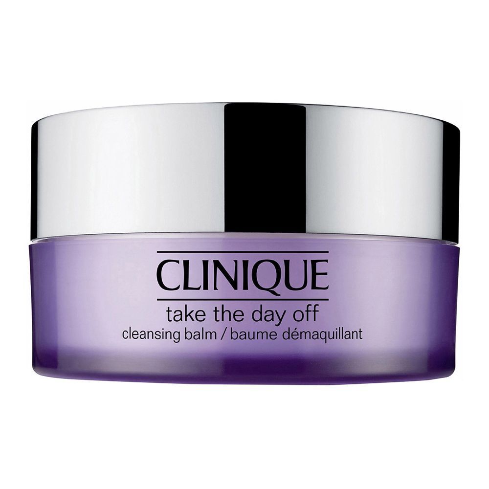 Lila Tiegel mit silbernem Deckel. Aufschrift: CLINIQUE take the day off cleansing balm.
