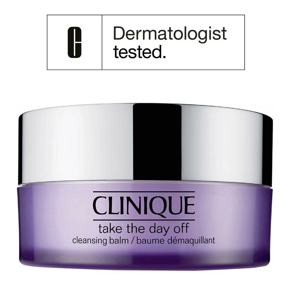 Lila Tiegel mit silbernem Deckel. Aufschrift: CLINIQUE take the day off. Dermatologisch getestet.