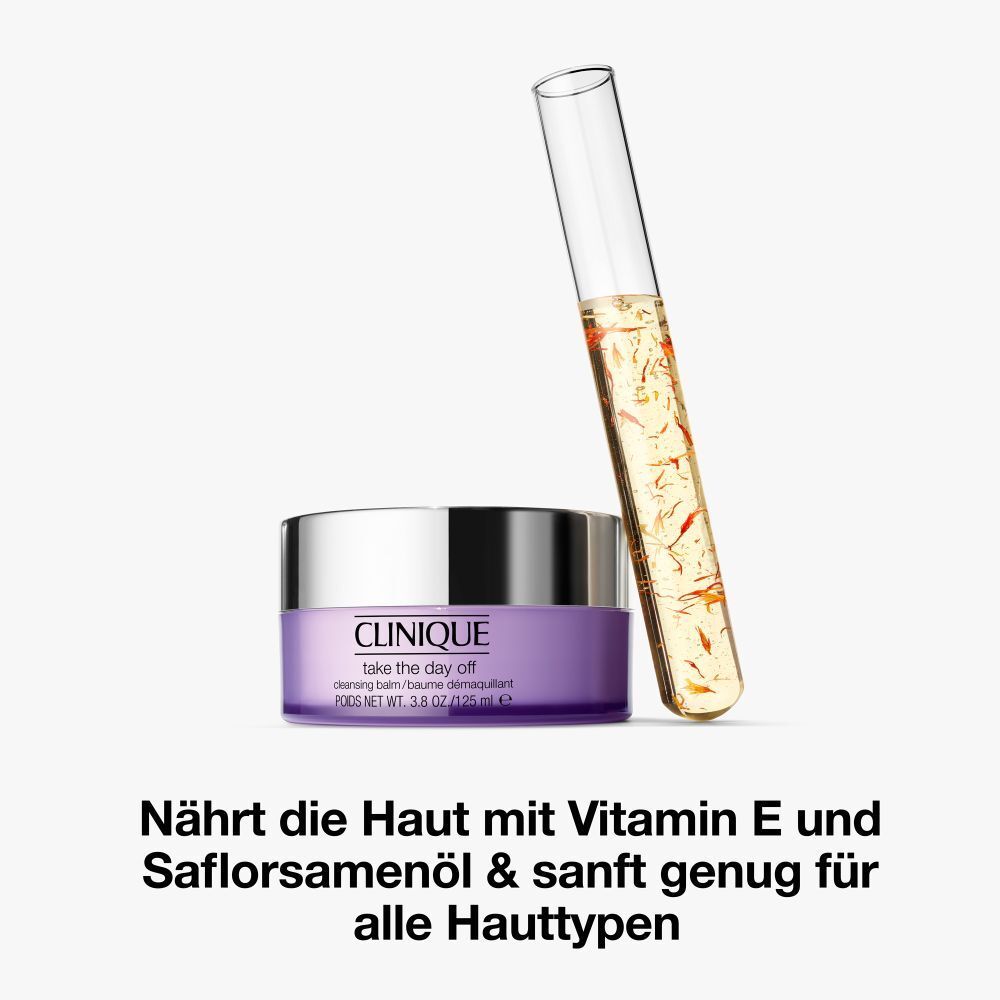 Lila Tiegel, Glasröhrchen mit Flüssigkeit. Text: Nährt die Haut mit Vitamin E und Saflor.