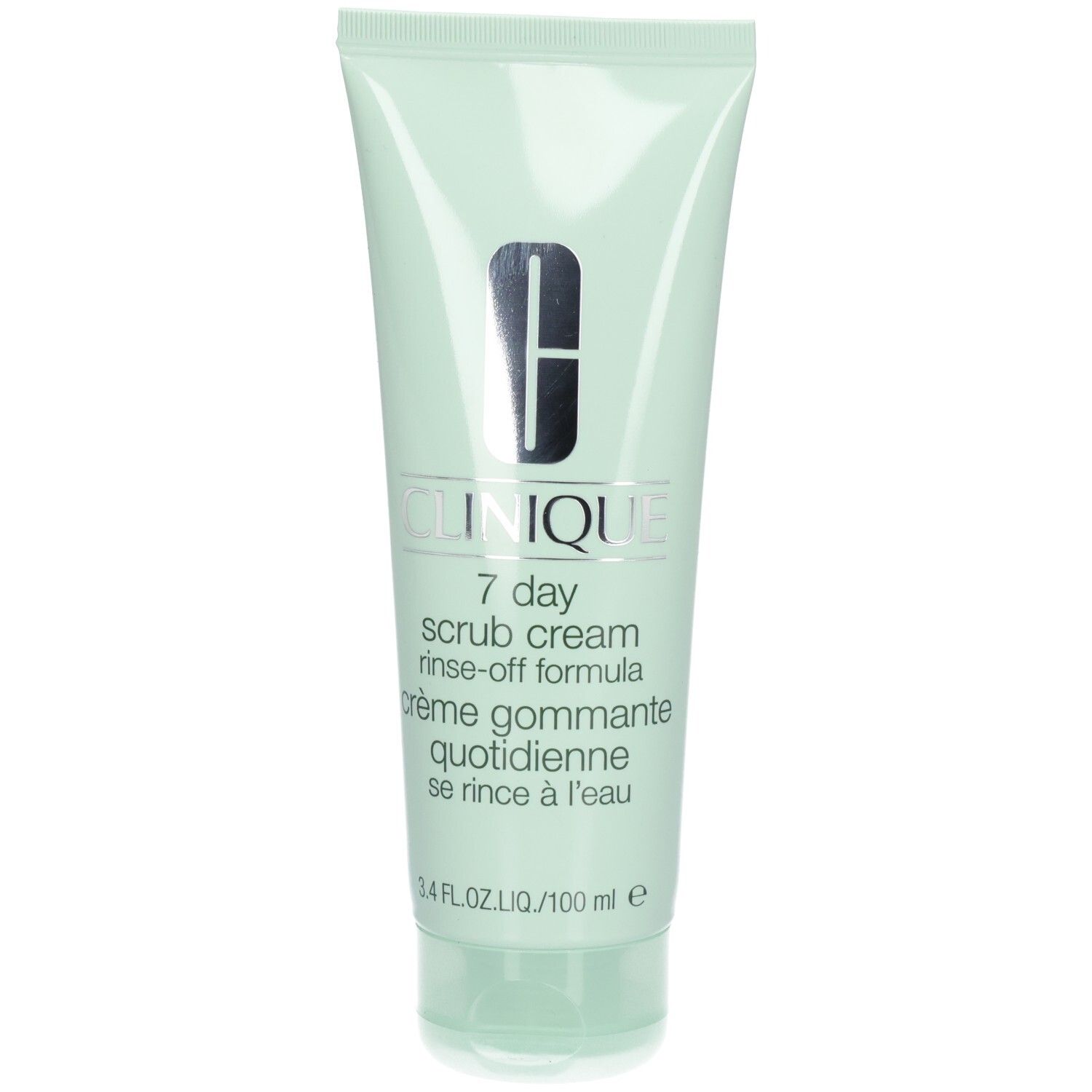 Hellgrüne Tube mit schwarzem Clinique-Logo und Produktbezeichnung. Text: 7 day scrub cream, crème gommante quotidienne. 3.4 fl.oz./100 ml.