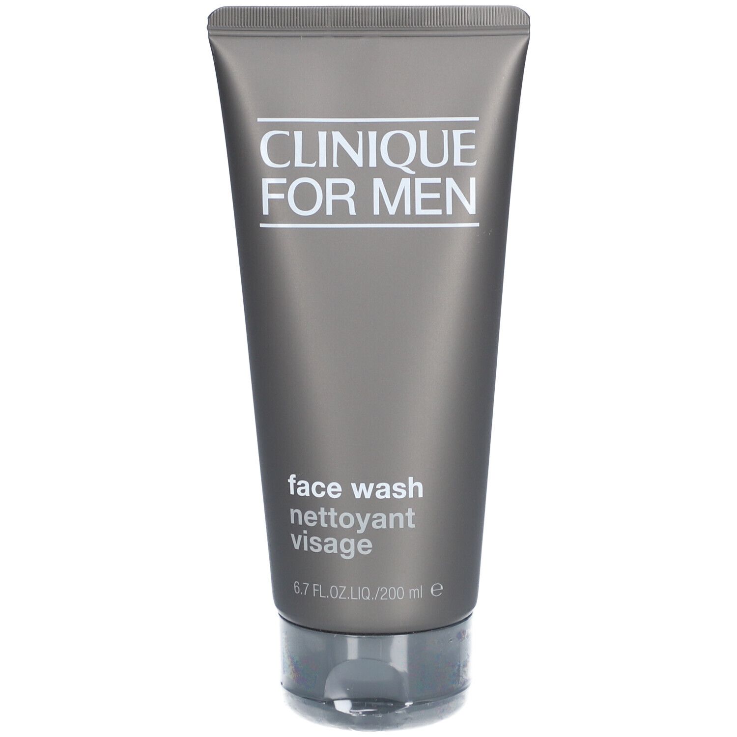 Gesichtsreiniger-Tube, grau. Schriftzug: Clinique For Men, face wash, 6.7 fl.oz./200 ml.