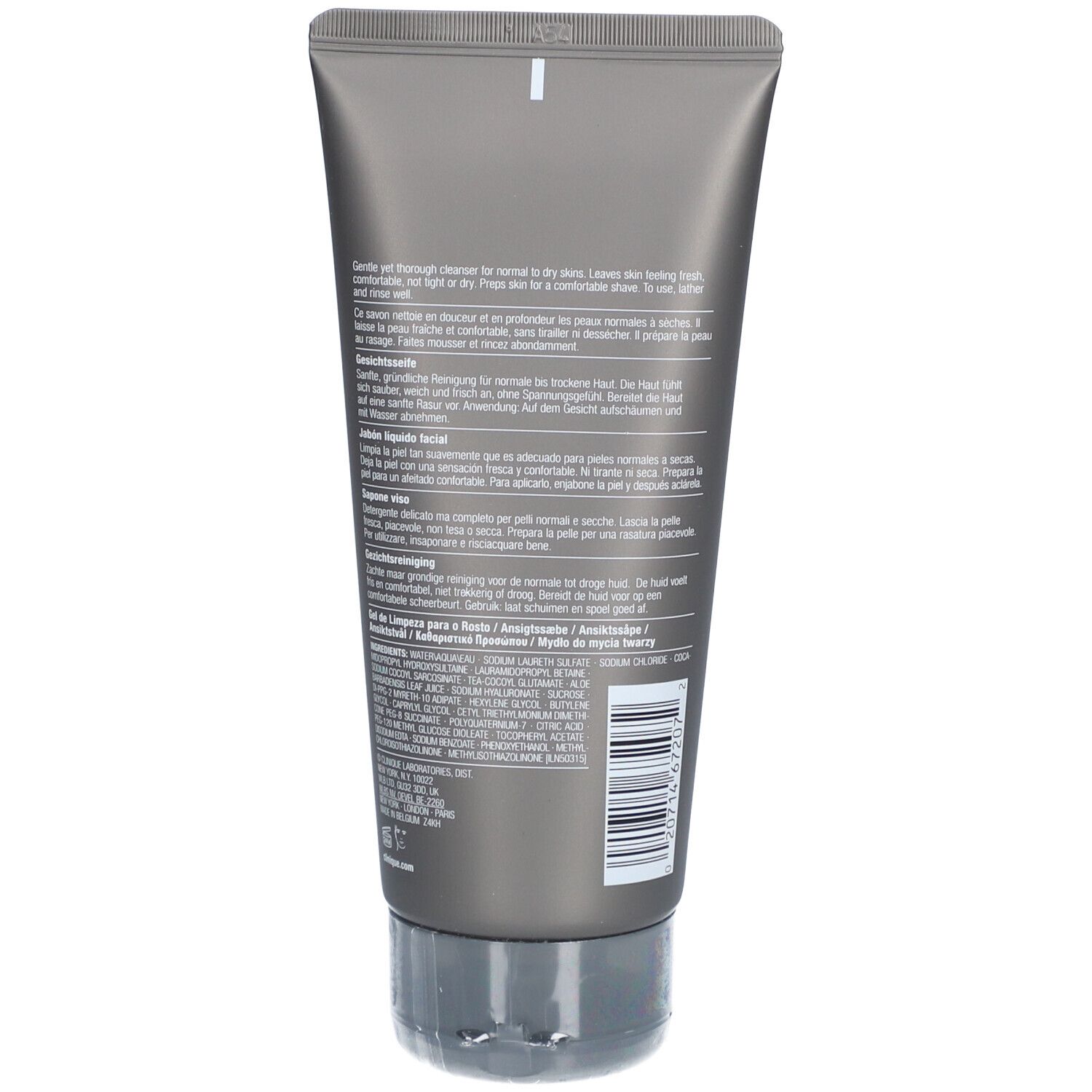 Rückseite der Gesichtsreiniger-Tube. Text in mehreren Sprachen, Barcode.