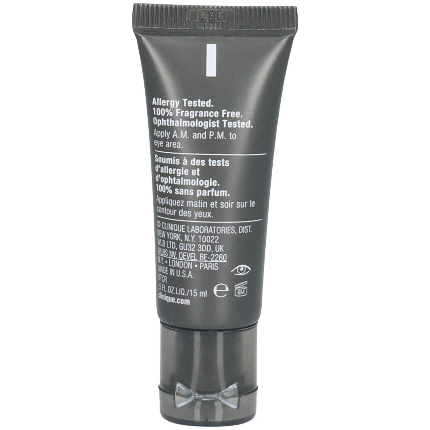 Rückseite der Clinique For Men Anti-Age Augencreme Tube mit Anwendungshinweisen.