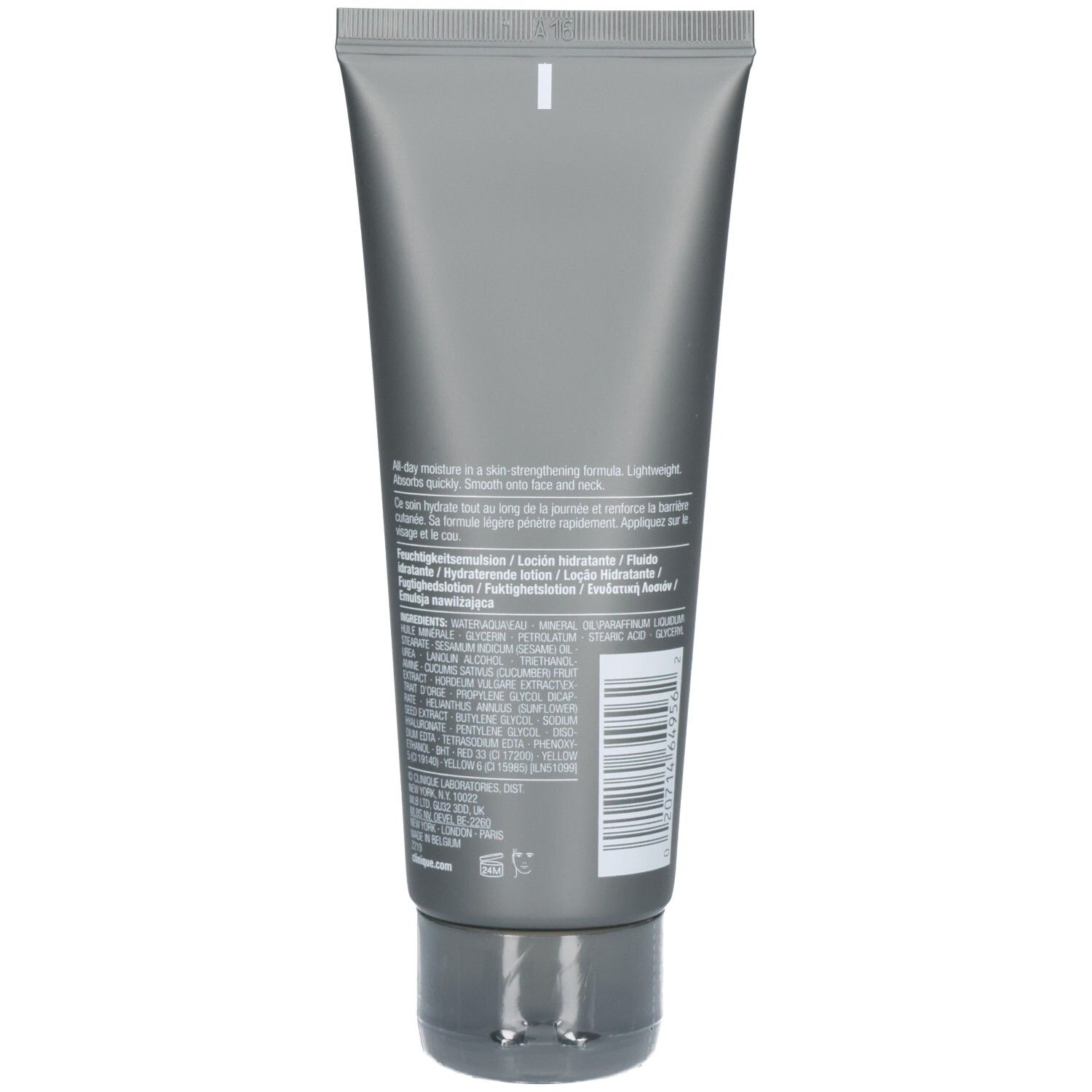 Rückseite eines grauen Clinique For Men Feuchtigkeitslotion-Tuben mit Produktinformationen und Barcode.