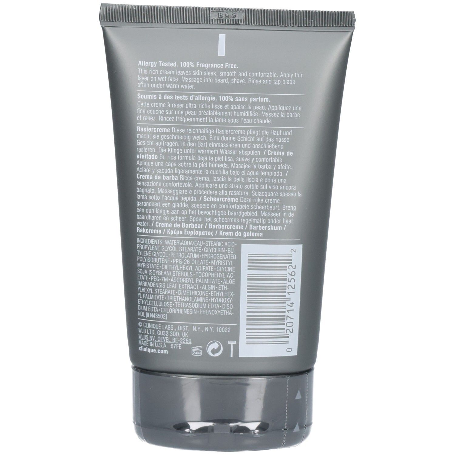 Rückseite einer Clinique For Men Cream Shave Tube mit Inhaltsstoffen und Anwendungshinweisen.