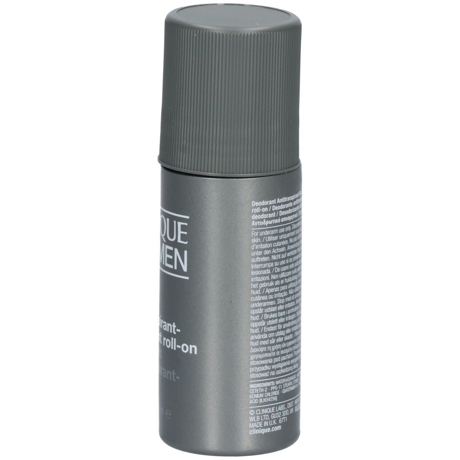 Seitenansicht des Clinique For Men Antiperspirant-Deodorant Roll-ons, zeigt Etikett und Flaschenform.