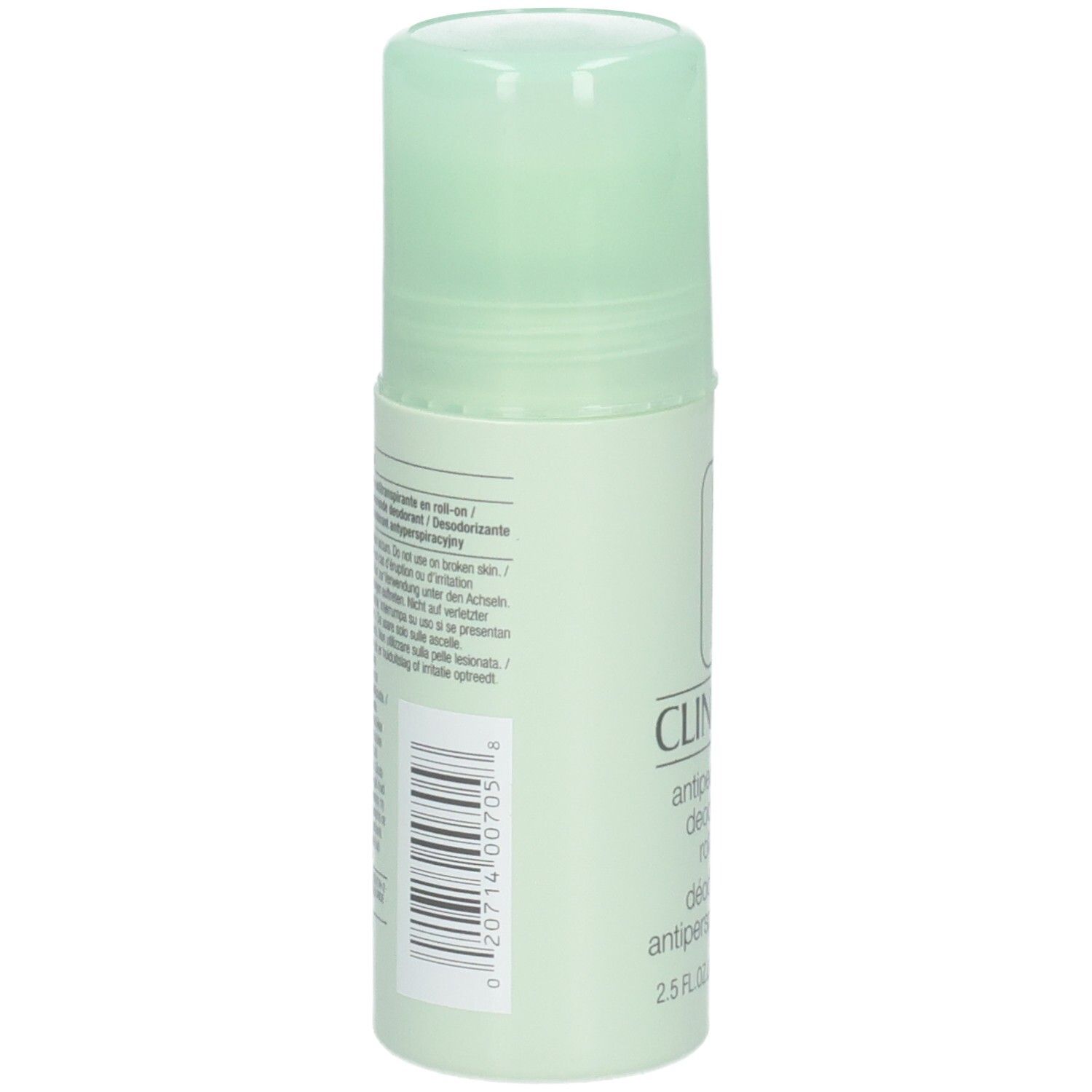 Clinique Antiperspirant Deodorant Roll-On, Rückseite mit Barcode und Inhaltsstoffen.