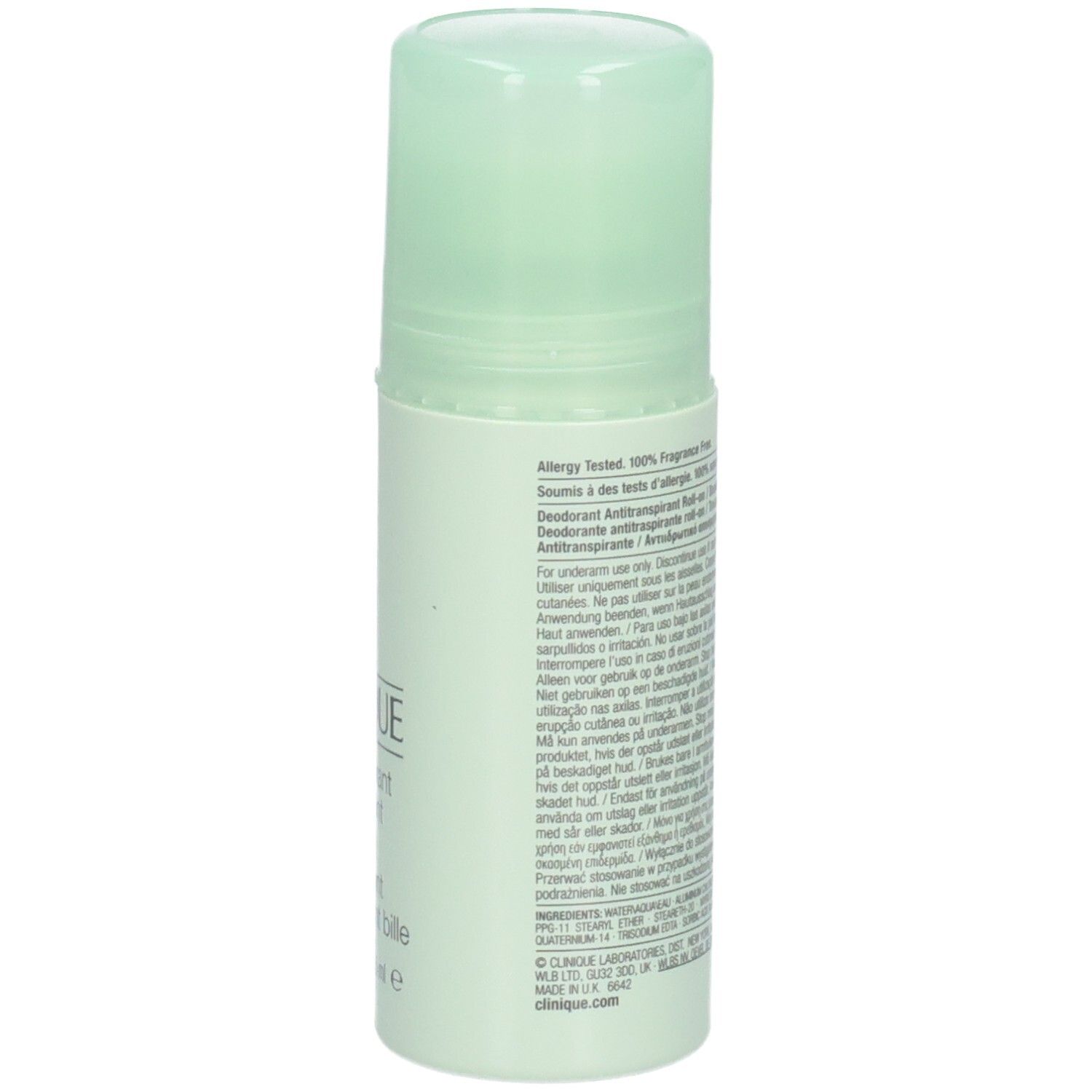 Clinique Antiperspirant Deodorant Roll-On, Rückseite mit Informationen zu Allergietests.