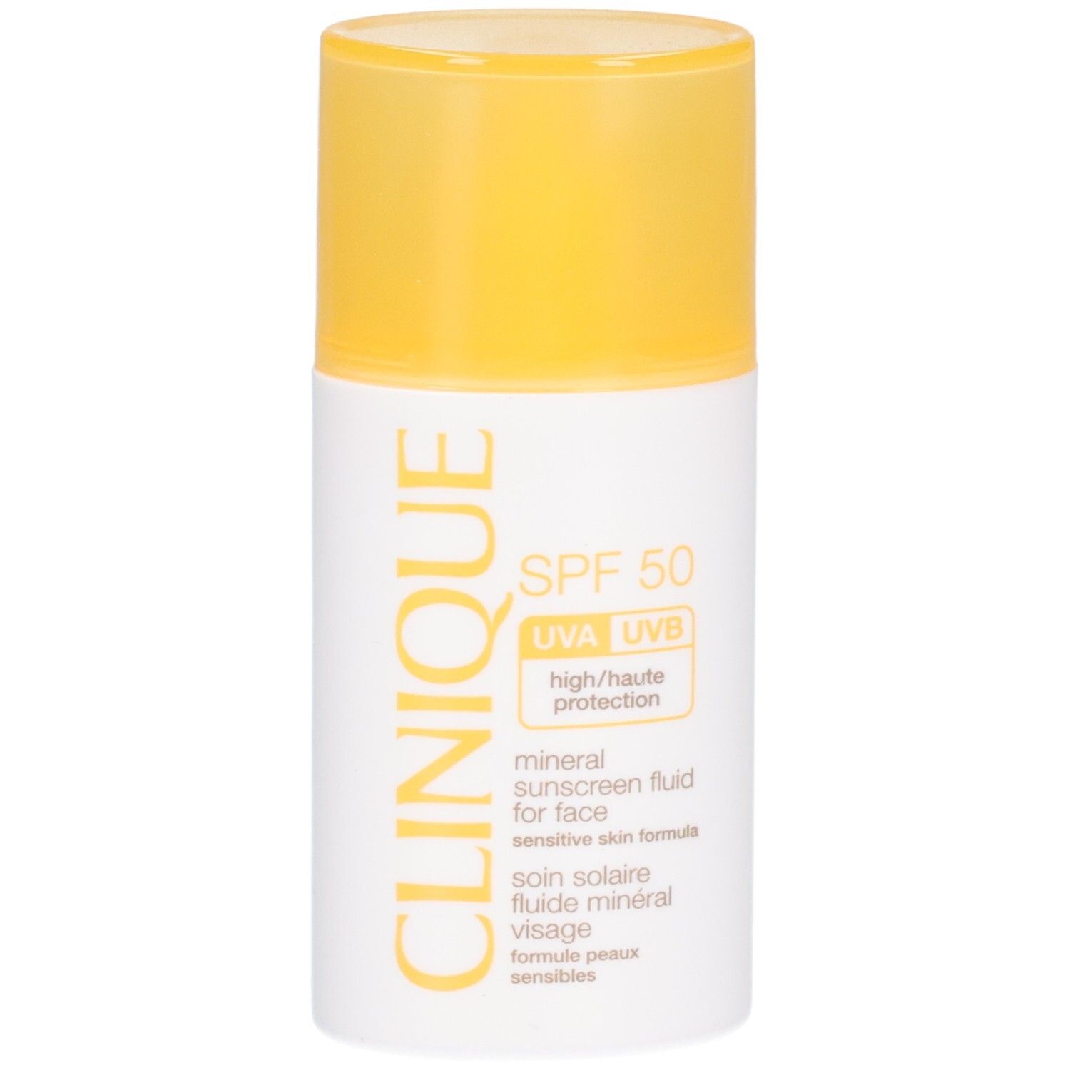 Weiß-gelbe Flasche mit SPF 50. Text: CLINIQUE, mineral sunscreen fluid for face, SPF 50. Gelber Deckel.