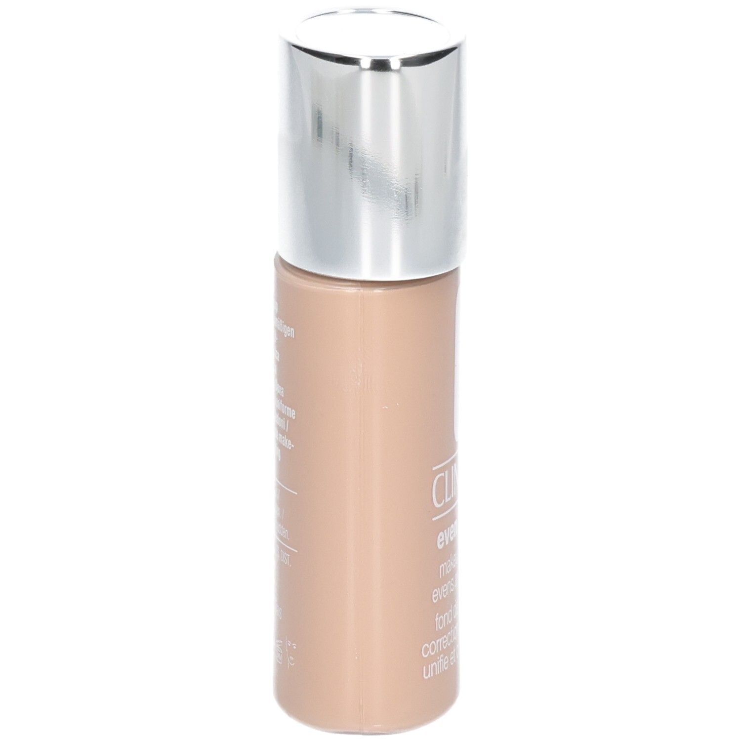 Clinique Even Better Makeup SPF 15, Ivory. Seitenansicht der Flasche mit silbernem Deckel.