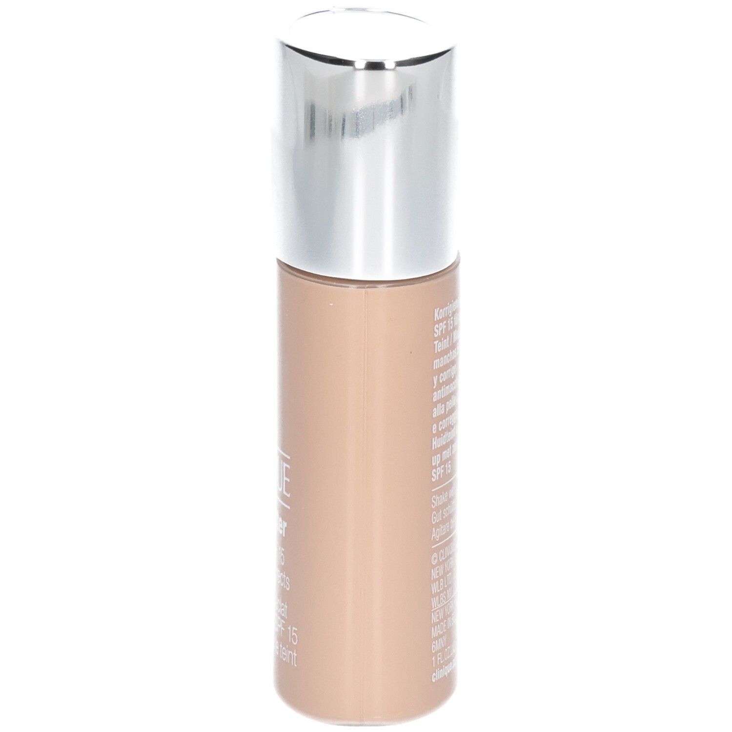 Clinique Even Better Makeup SPF 15, Ivory. Seitenansicht der Flasche mit silbernem Deckel.