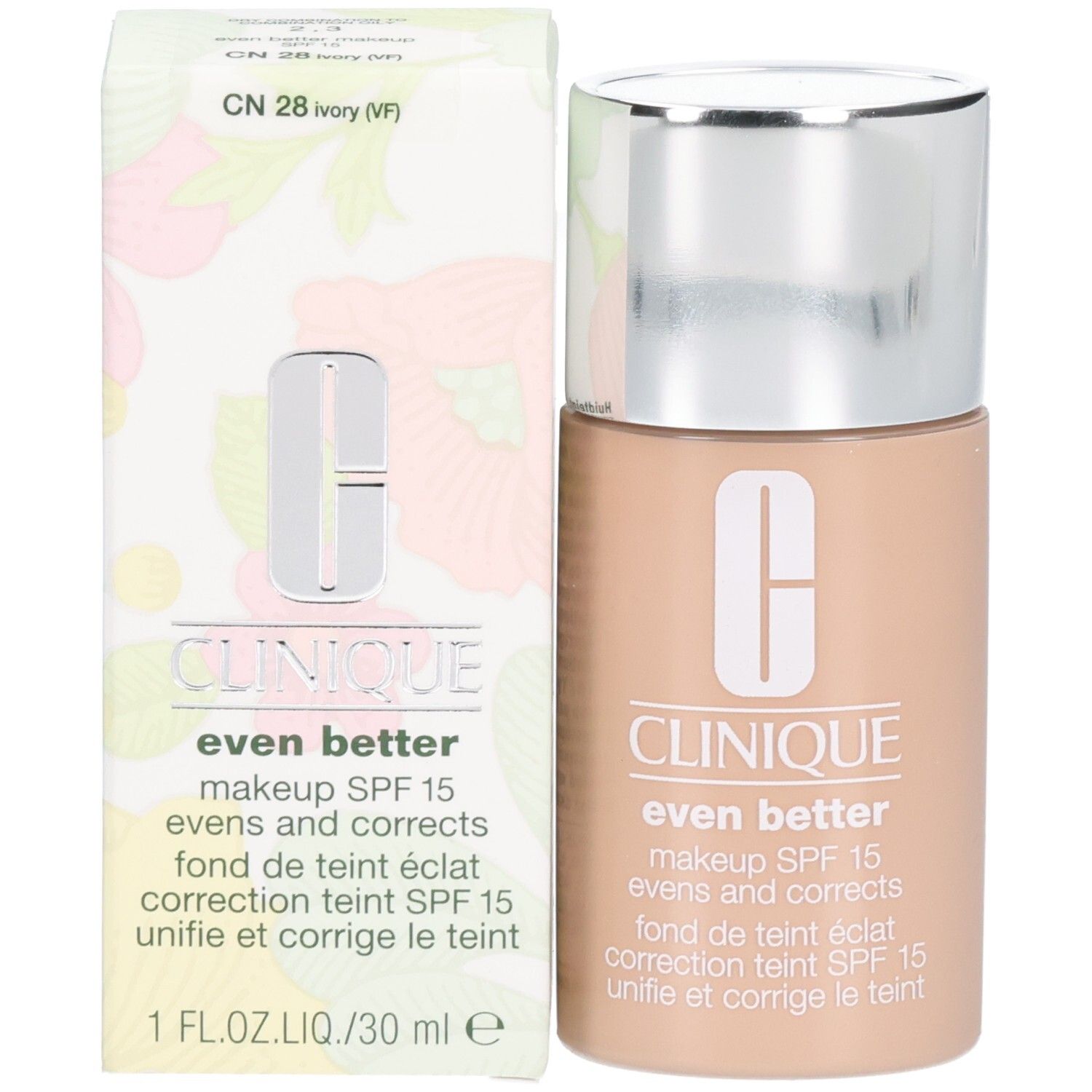 Clinique Even Better Makeup SPF 15, Ivory. Flasche und Verpackung mit silbernem Deckel.