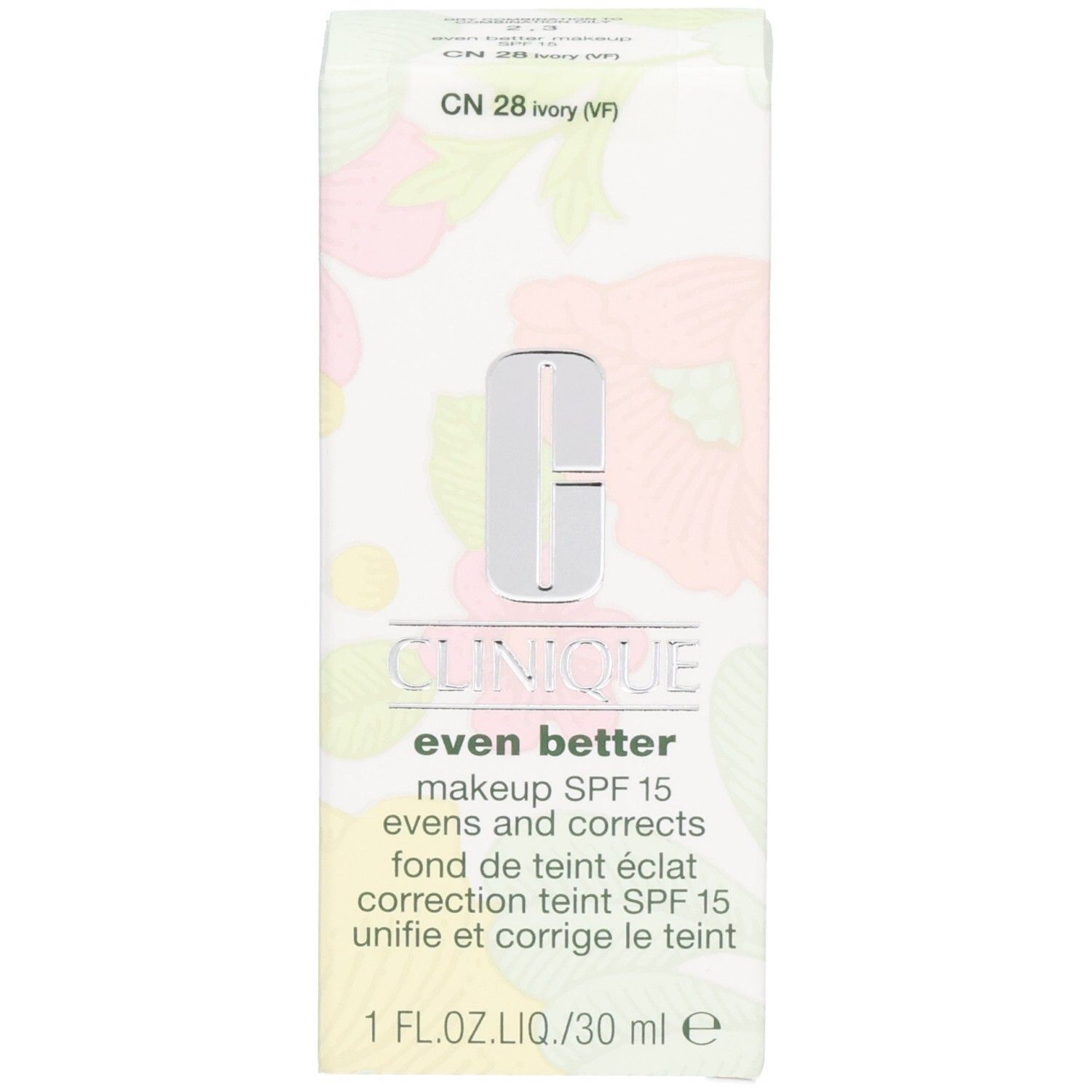 Clinique Even Better Makeup SPF 15, Ivory. Verpackung mit floralem Muster.