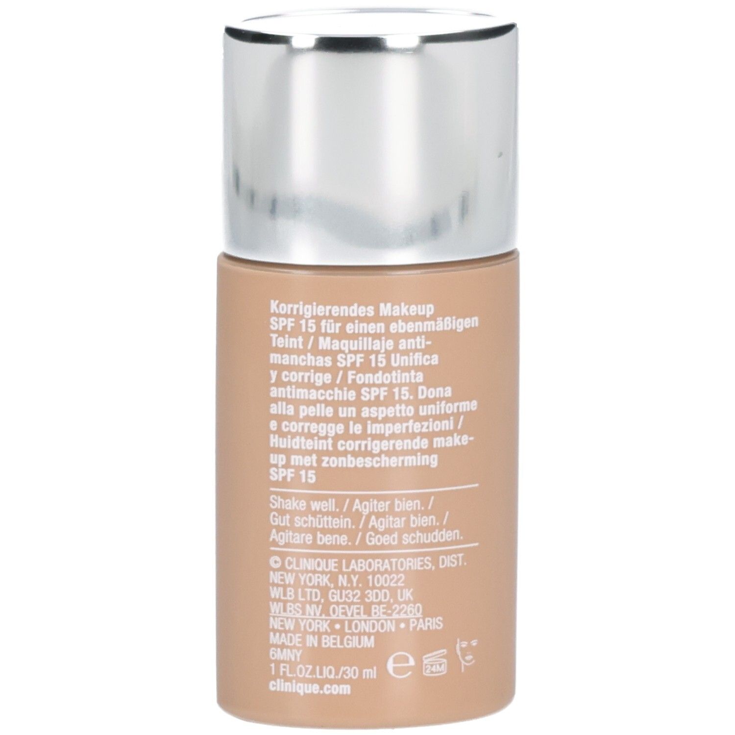 Clinique Even Better Makeup SPF 15, Rückseite des Flakons mit Anwendungshinweisen und Inhaltsstoffen.