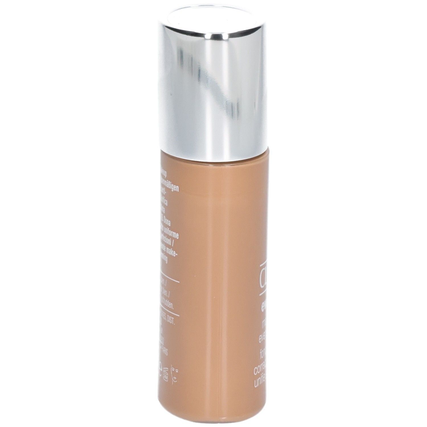 Clinique Even Better Makeup SPF 15, Sandfarben. Seitenansicht der Flasche mit silbernem Deckel.