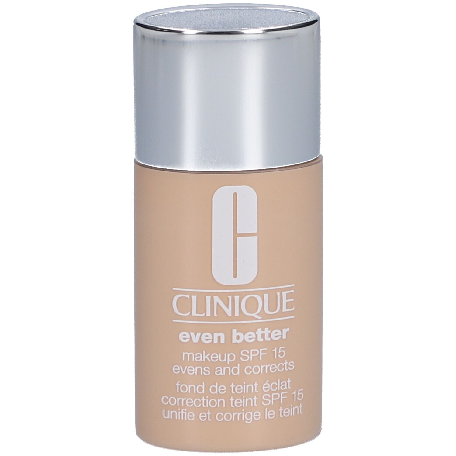 Clinique Even Better Fond de Teint SPF 15. Beige Flasche mit silbernem Deckel. Produktname und Logo auf der Vorderseite.