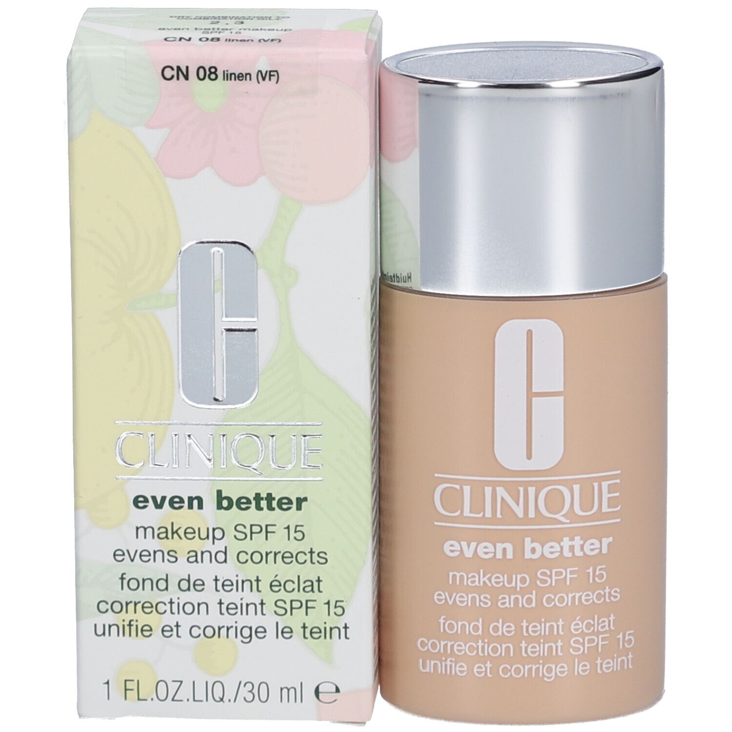 Clinique Even Better Fond de Teint SPF 15 und Verpackung. Flasche und Karton nebeneinander. Produktname und Logo sichtbar.