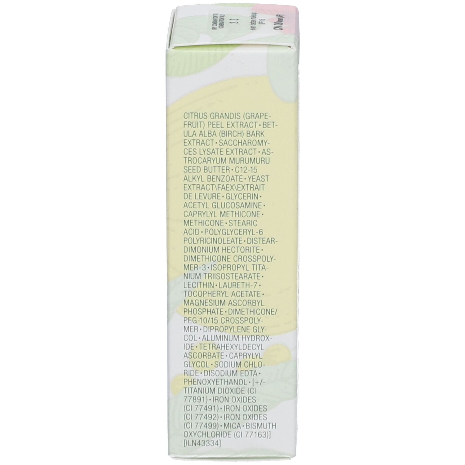 Seite der Verpackung von Clinique Even Better Fond de Teint SPF 15. Auflistung der Inhaltsstoffe in englischer Sprache.