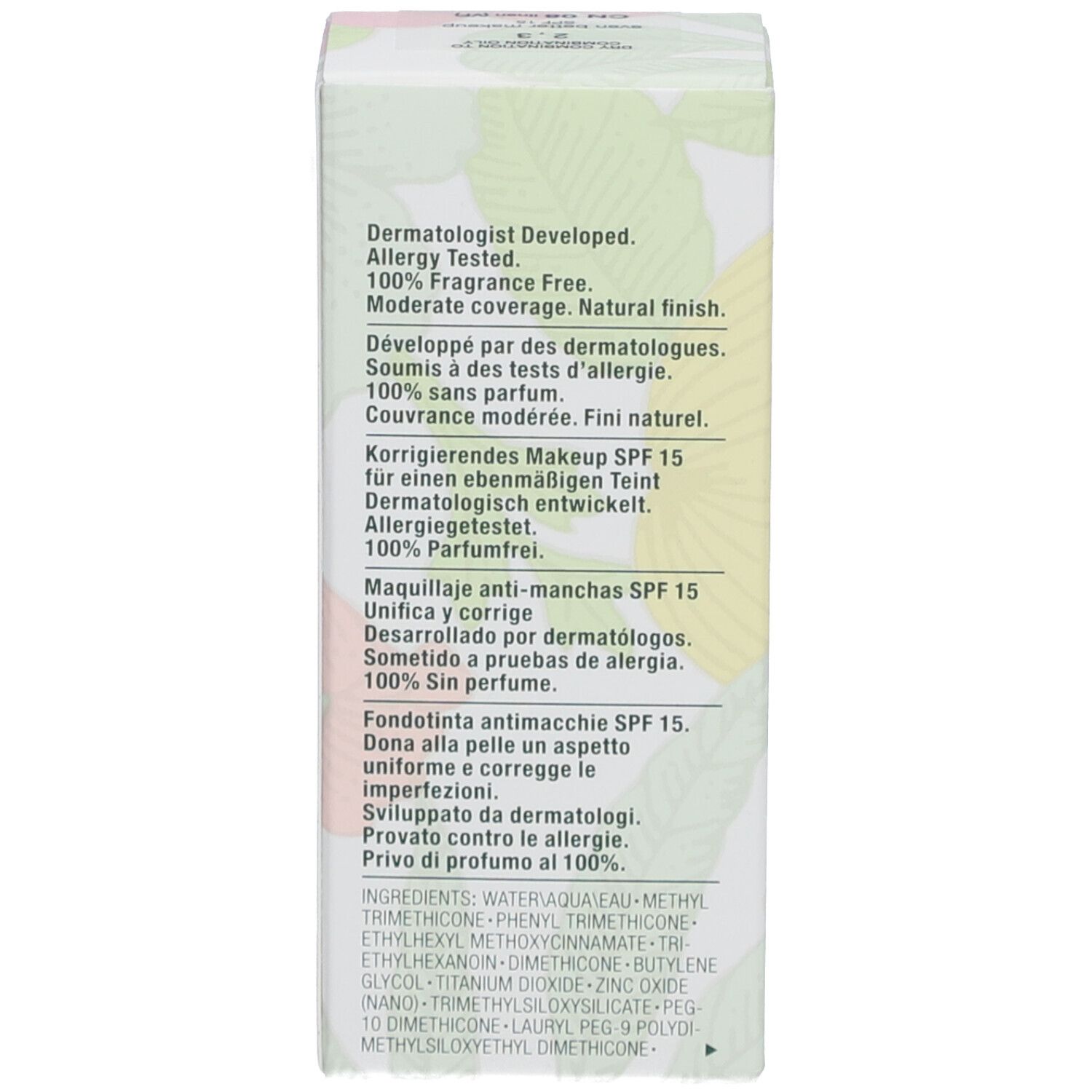 Seite der Verpackung von Clinique Even Better Fond de Teint SPF 15. Text über dermatologische Entwicklung, Allergietests und Inhaltsstoffe.