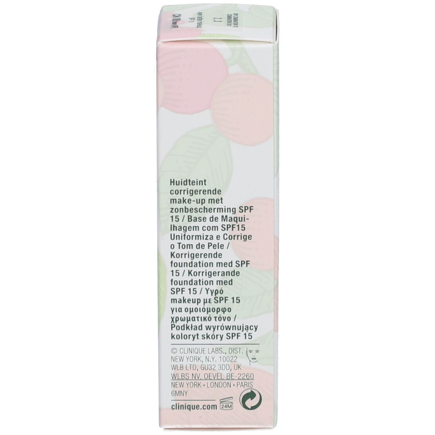 Seite der Verpackung von Clinique Even Better Fond de Teint SPF 15. Text mit weiteren Produktinformationen und Herstellerangaben.