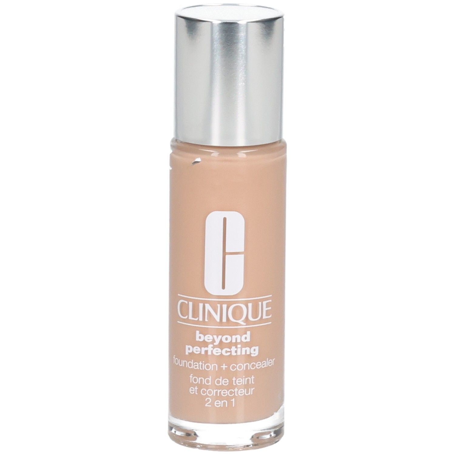 Beige Foundation-Fläschchen mit silbernem Deckel. Aufschrift: Clinique, beyond perfecting, foundation + concealer, 2 en 1.