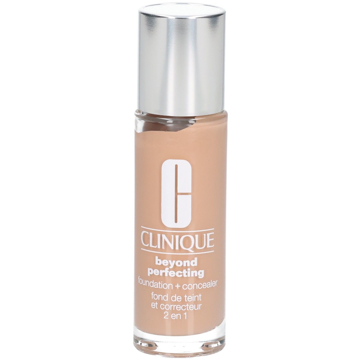 Clinique Beyond Perfecting Foundation + Concealer in Glasflasche mit silbernem Deckel.