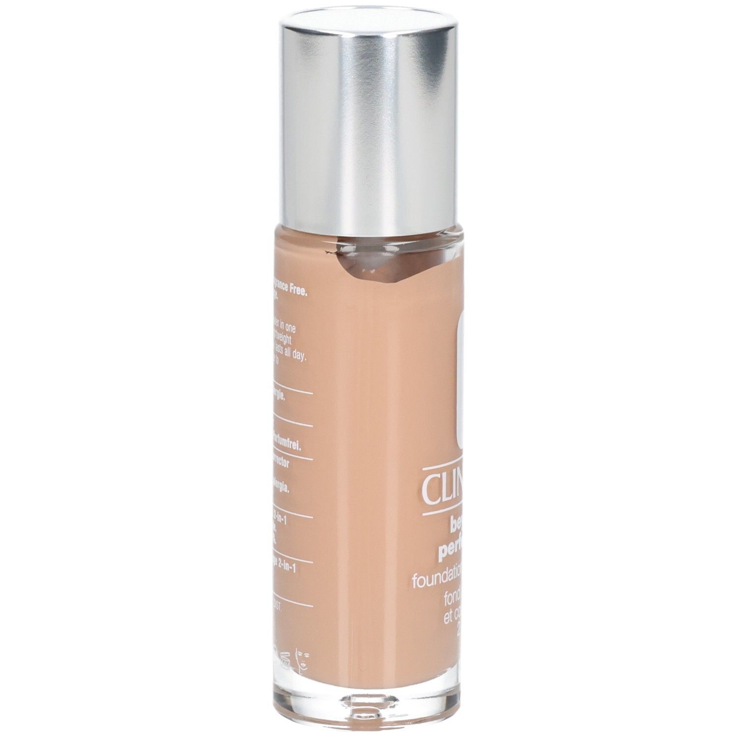 Rückseite der Clinique Beyond Perfecting Foundation + Concealer Flasche mit Produktinformationen.