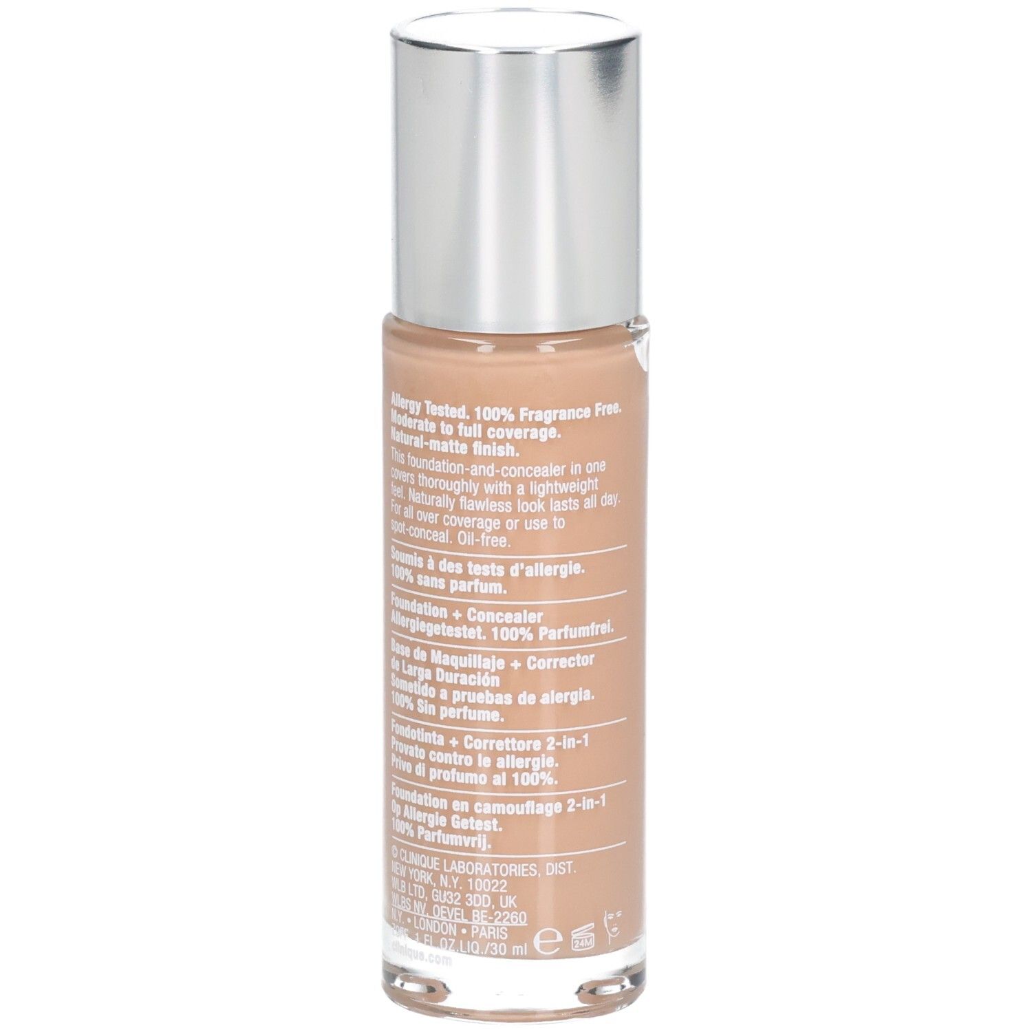Rückseite der Clinique Beyond Perfecting Foundation + Concealer Flasche mit detaillierten Produktinformationen.