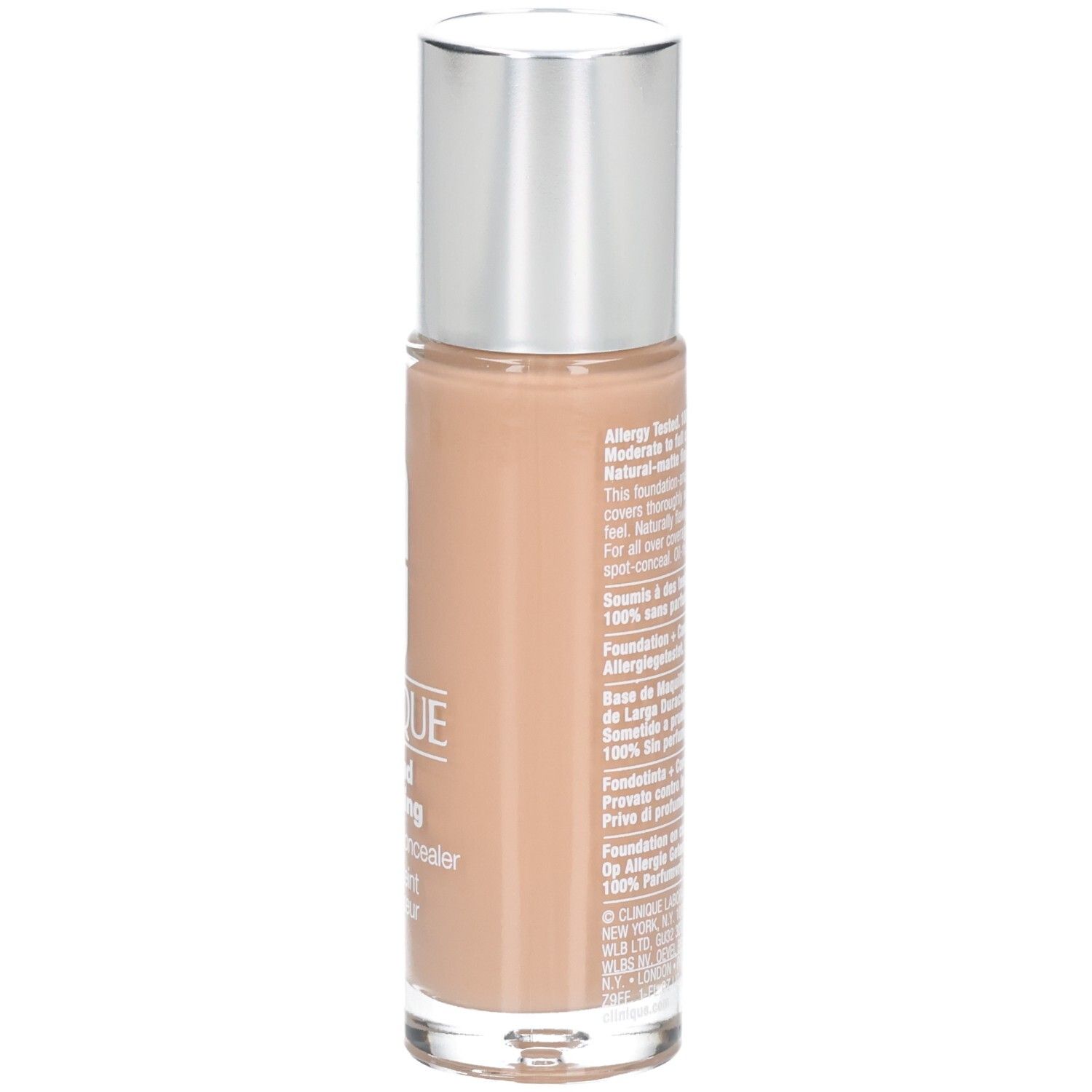 Rückseite der Clinique Beyond Perfecting Foundation + Concealer Flasche mit Produktinformationen und Siegeln.