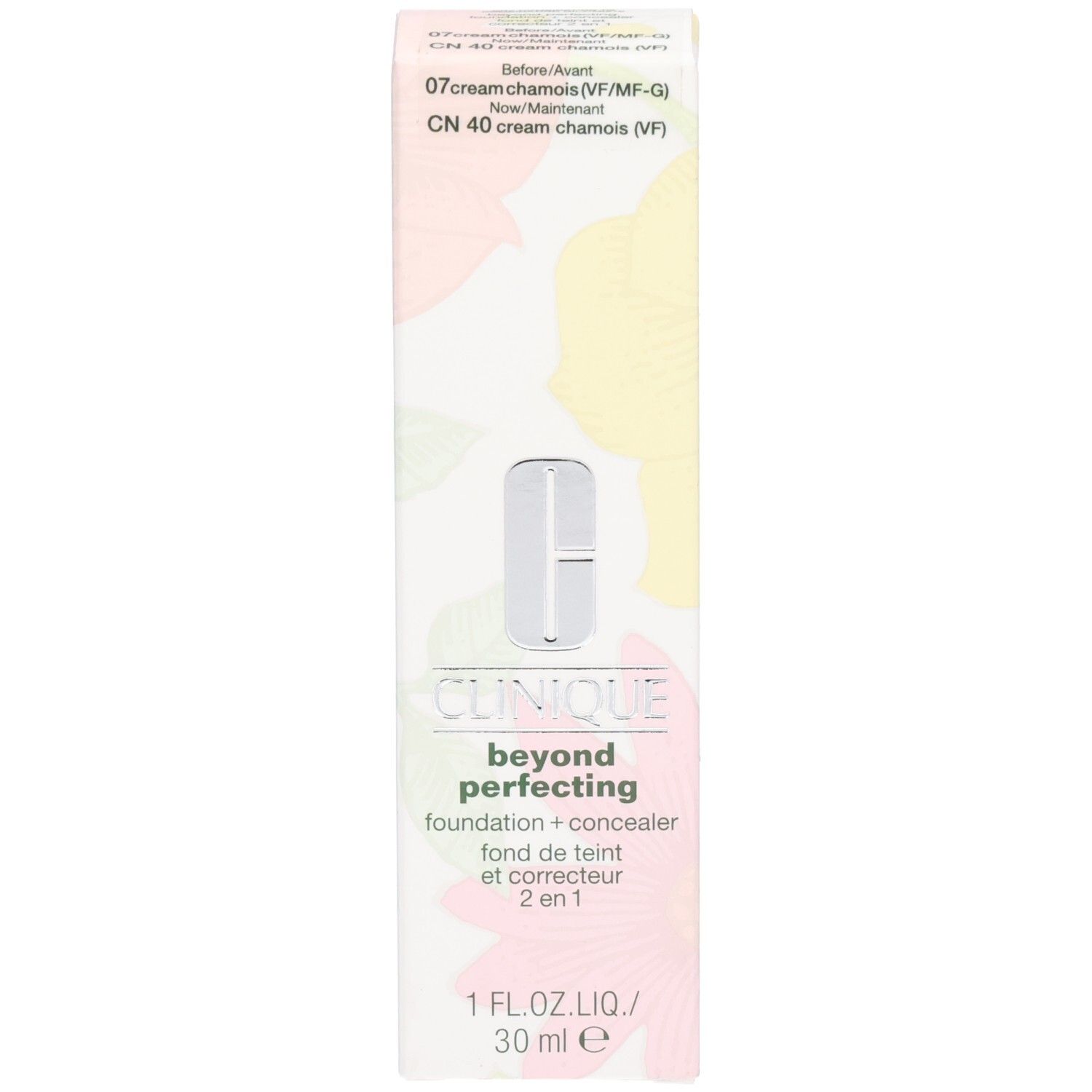 Verpackungsbox für Clinique Beyond Perfecting Foundation + Concealer mit floralem Design.