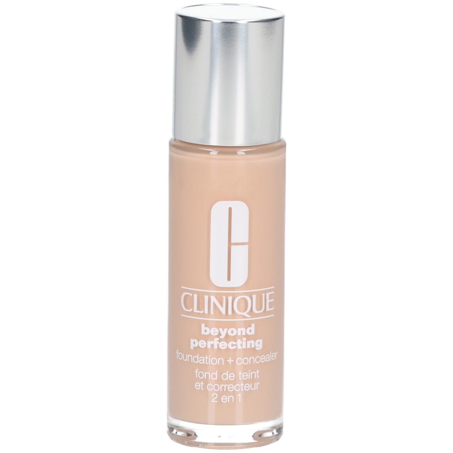 Clinique Beyond Perfecting Foundation + Concealer in einem Glasflakon mit silbernem Deckel.