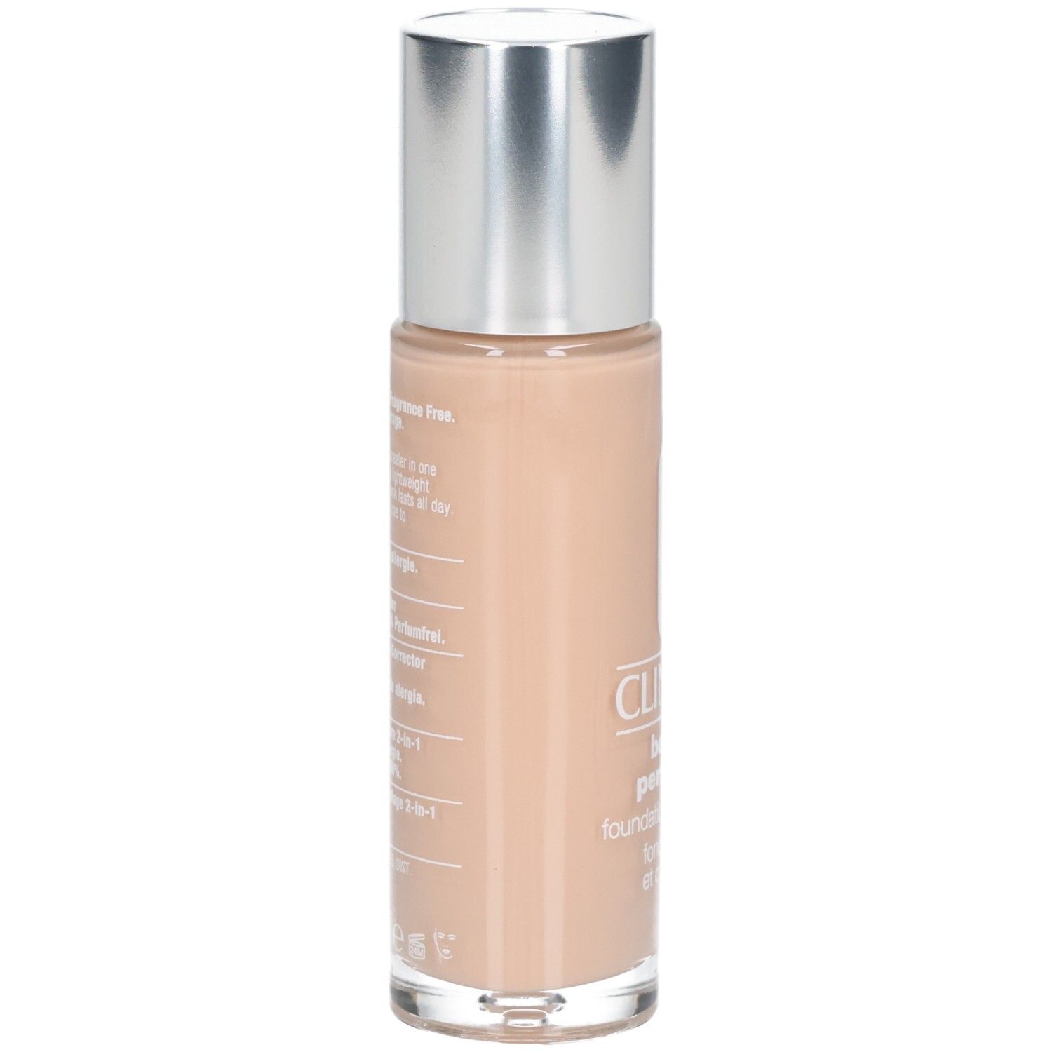 Rückseite des Clinique Beyond Perfecting Foundation + Concealer Flakons mit Produktinformationen.
