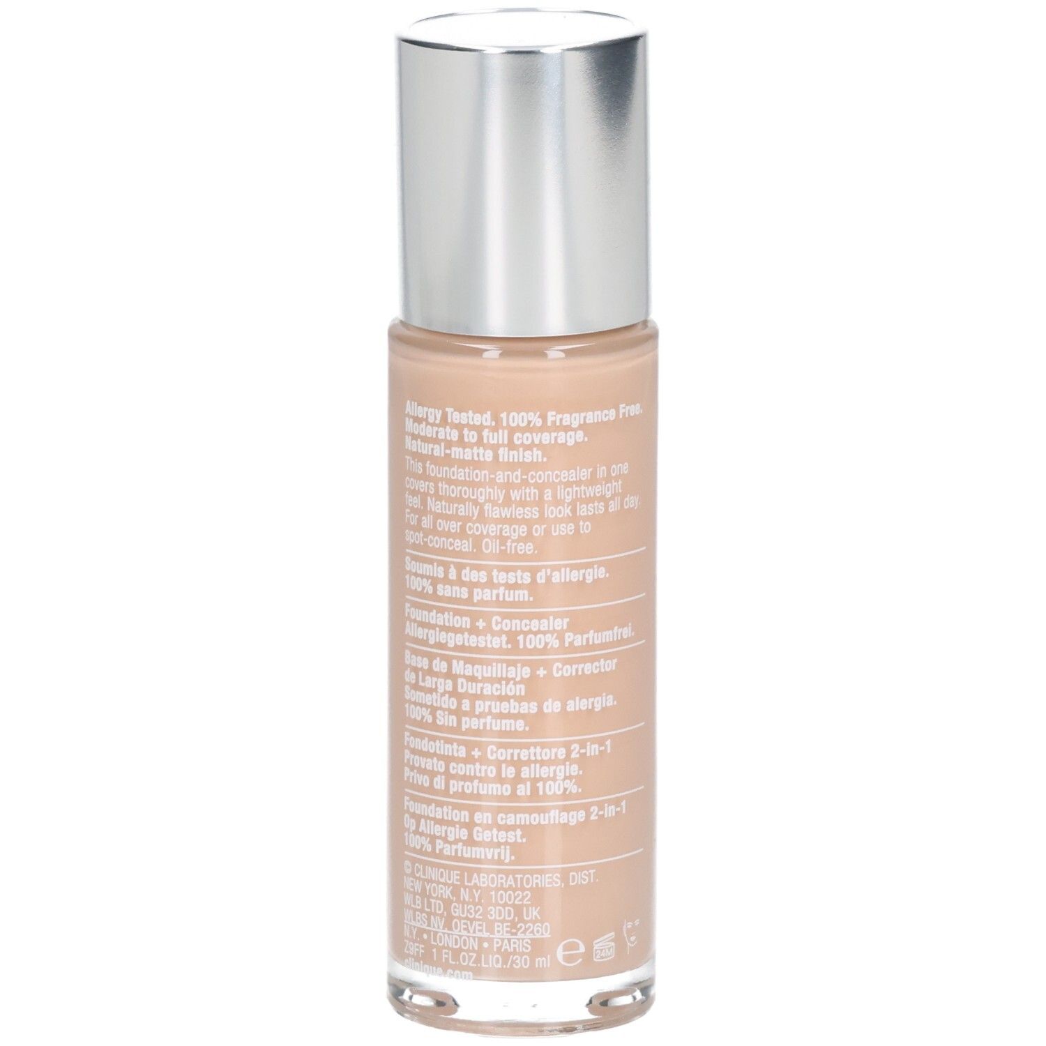 Rückseite des Clinique Beyond Perfecting Foundation + Concealer Flakons mit detaillierten Produktinformationen.