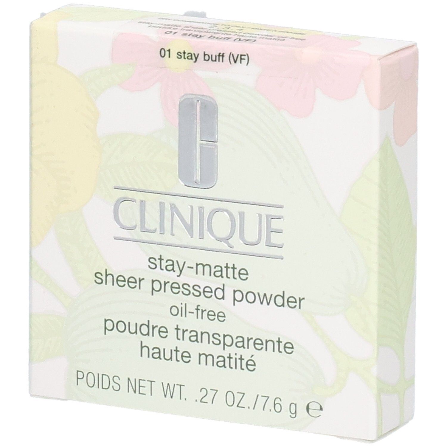 Clinique Poudre Transparente Haute Matité 01 Stay Buff. Weiße Schachtel mit floralem Muster. Produktname und Logo.