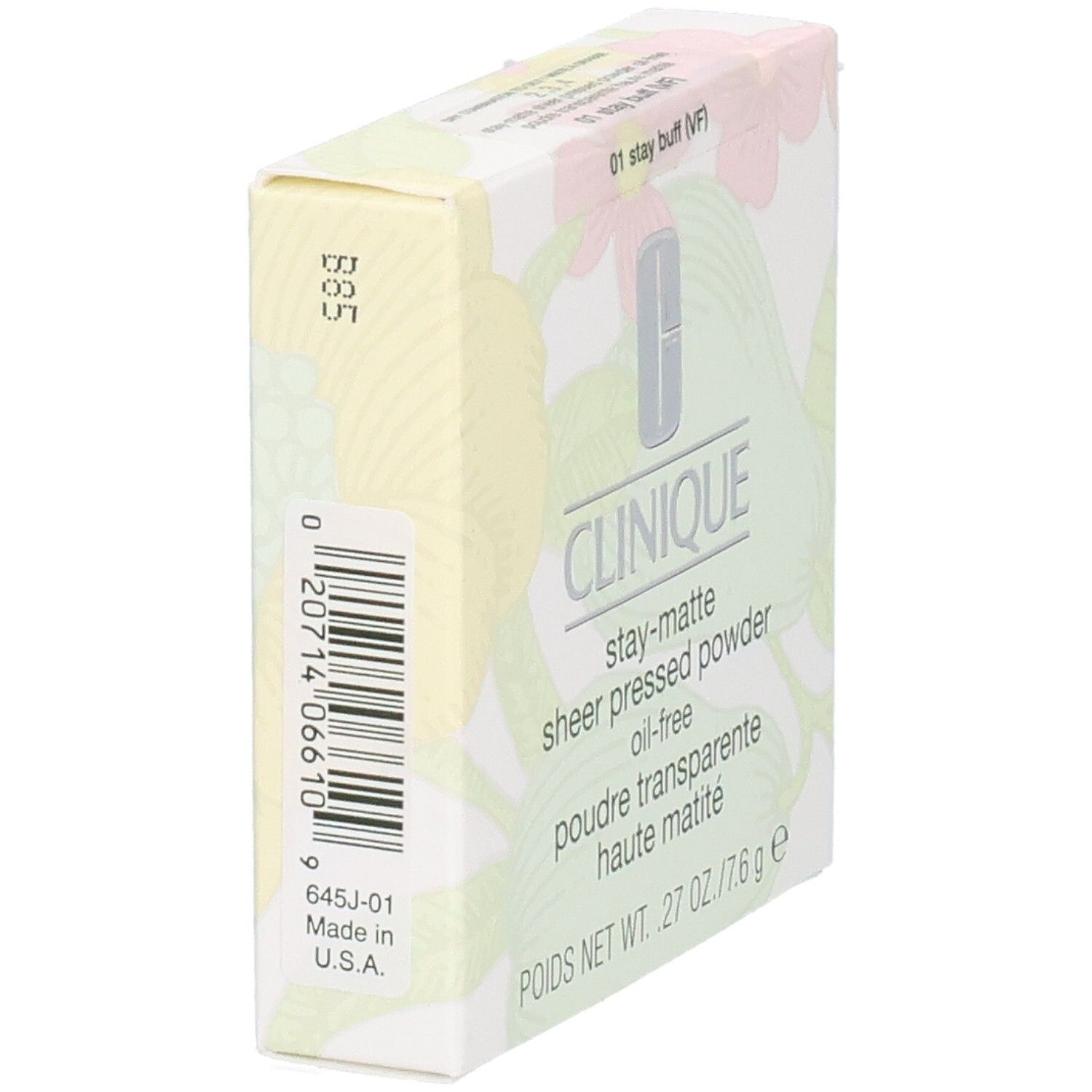 Clinique Poudre Transparente Haute Matité 01 Stay Buff. Weiße Schachtel, Barcode und Produktinformationen auf der Seite.