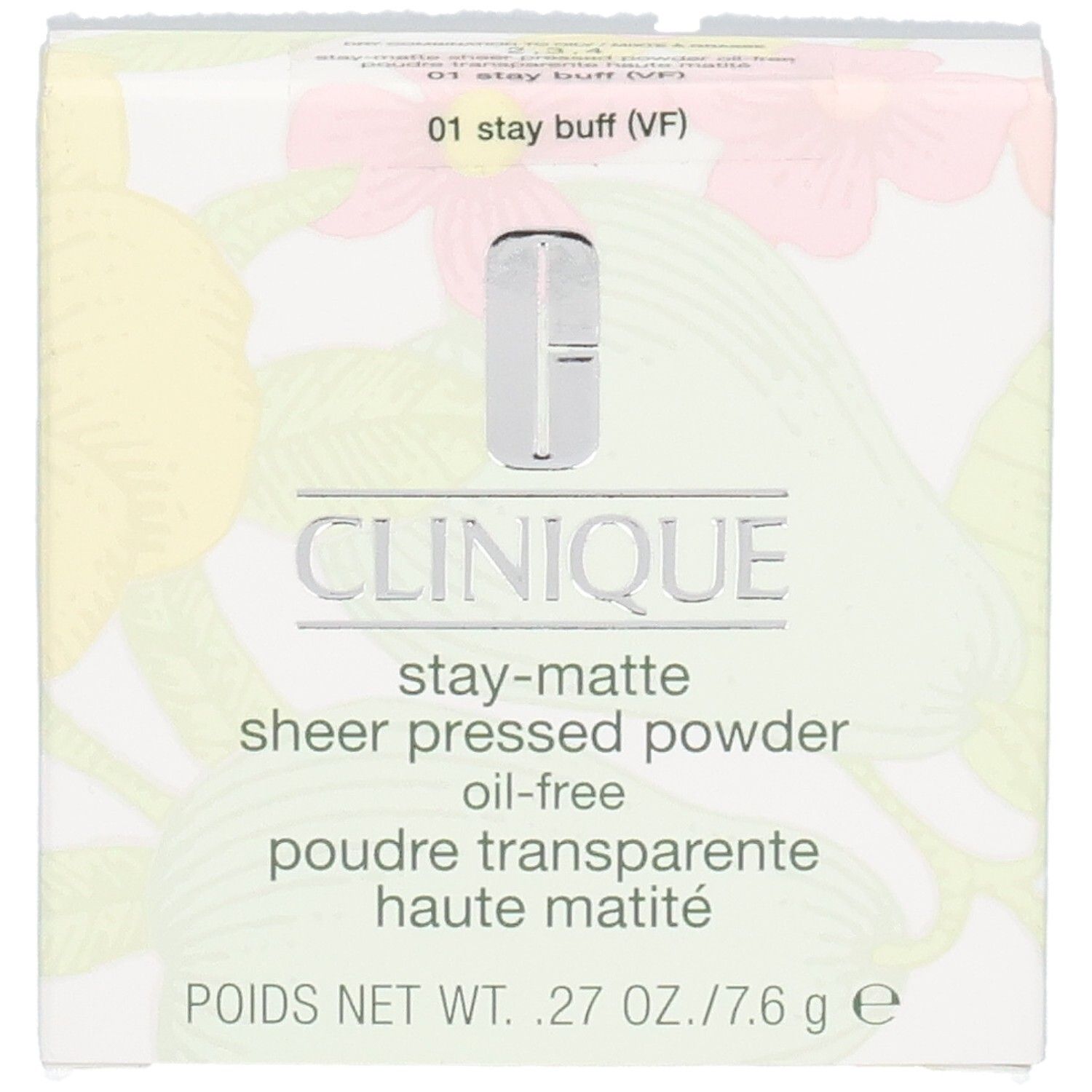 Clinique Poudre Transparente Haute Matité 01 Stay Buff. Weiße Schachtel mit Produktnamen, Logo und floralem Muster.