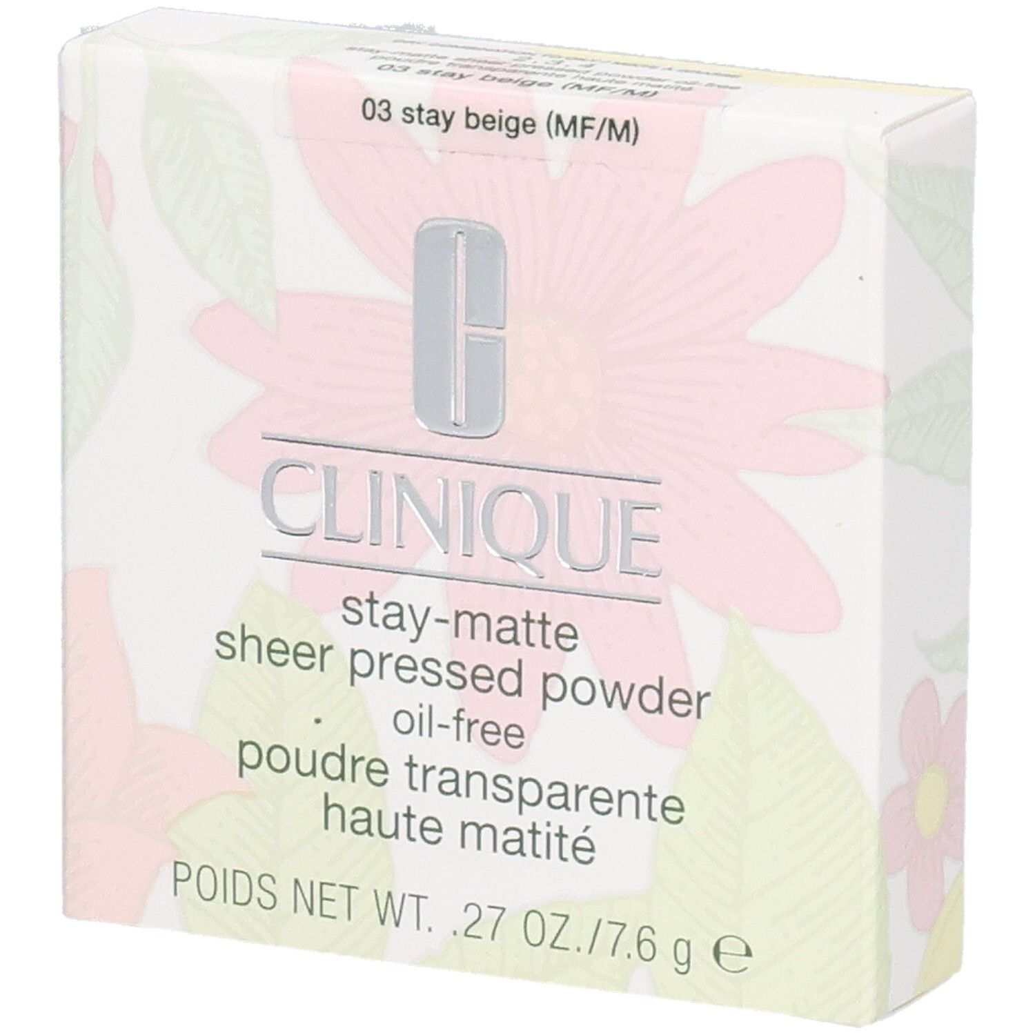 Kartonverpackung mit Clinique-Logo und Produktbezeichnung. Aufdruck: Poudre Transparente Haute Matité. Floralmuster.