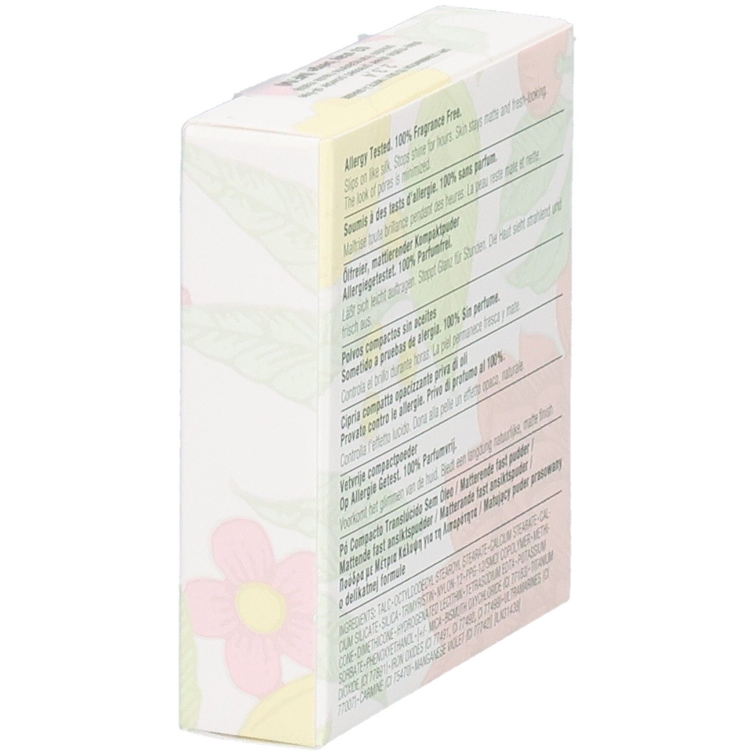 Verpackung, schräg. Rückseite mit Text in mehreren Sprachen. Allergiegetestet. 100% parfümfrei. Inhaltsstoffe.