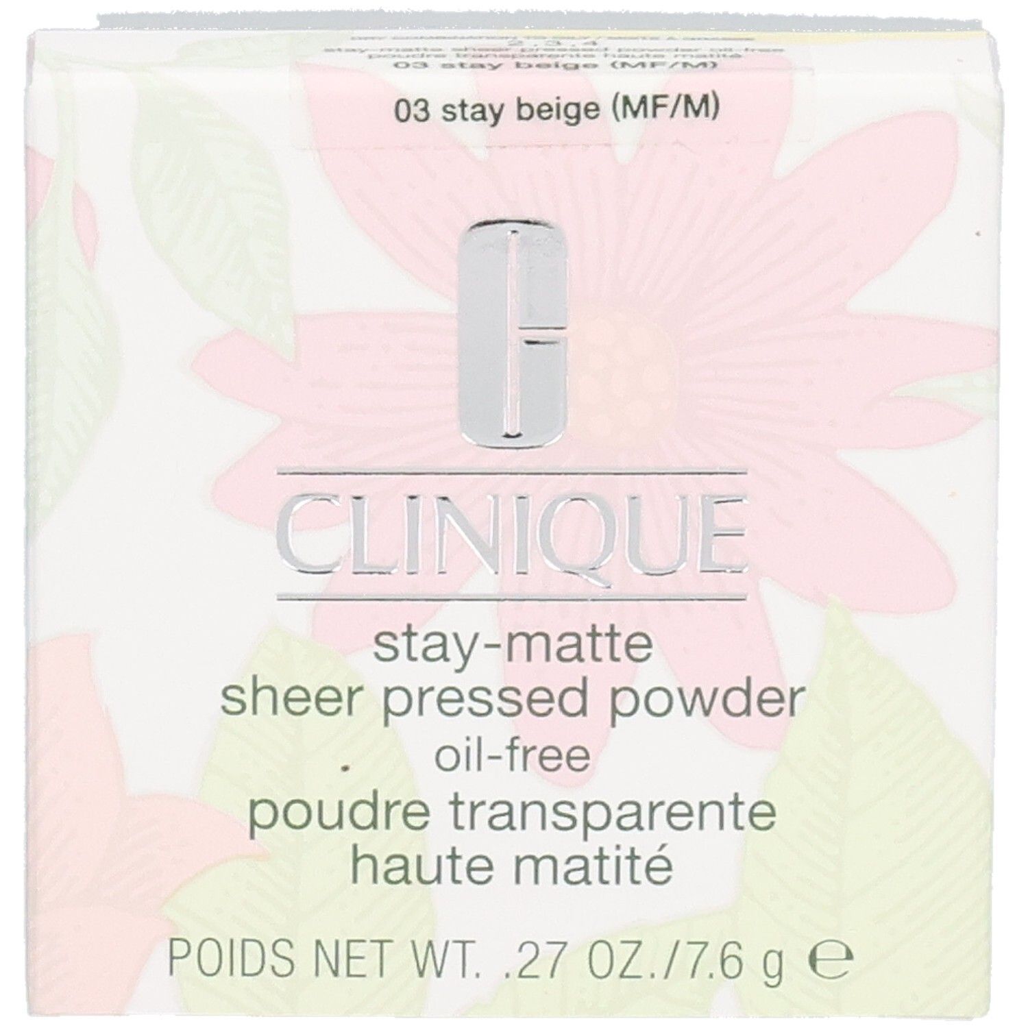 Kartonverpackung mit Clinique-Logo und Produktbezeichnung. Aufdruck: Poudre Transparente Haute Matité. Floralmuster.