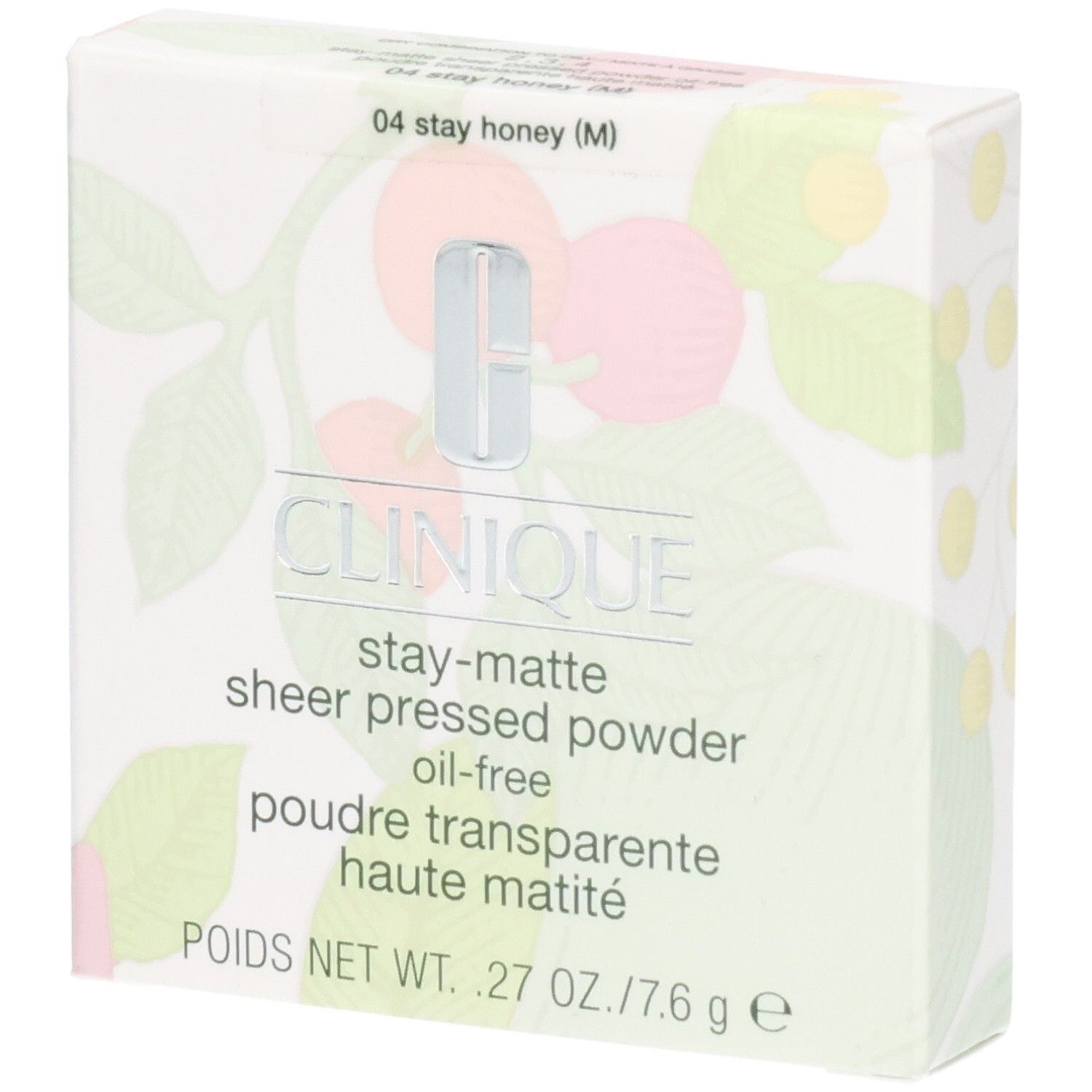 Clinique Stay-Matte Sheer Pressed Powder Verpackung, Farbton 04 Stay Honey.