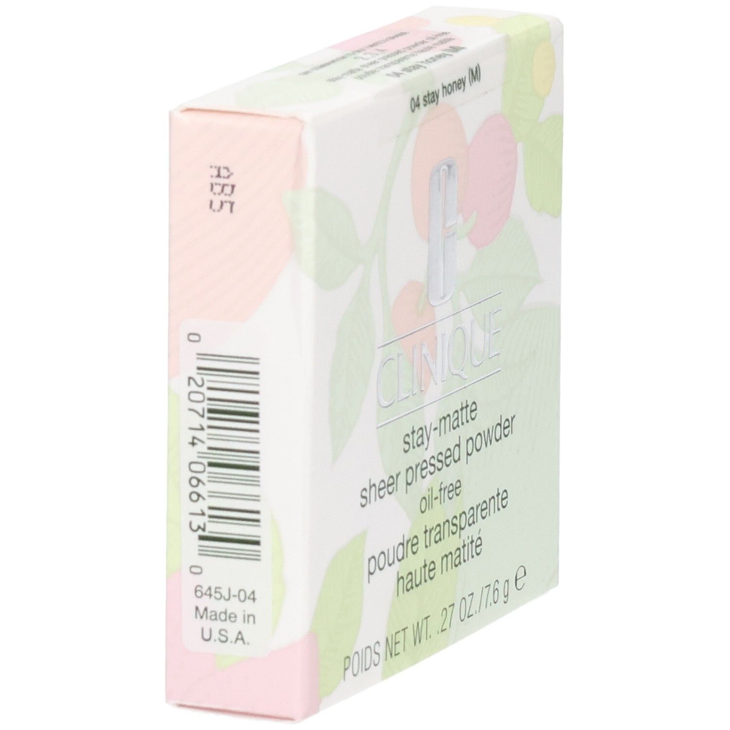 Clinique Stay-Matte Sheer Pressed Powder Verpackung, Rückseite mit Barcode und Produktinformationen.