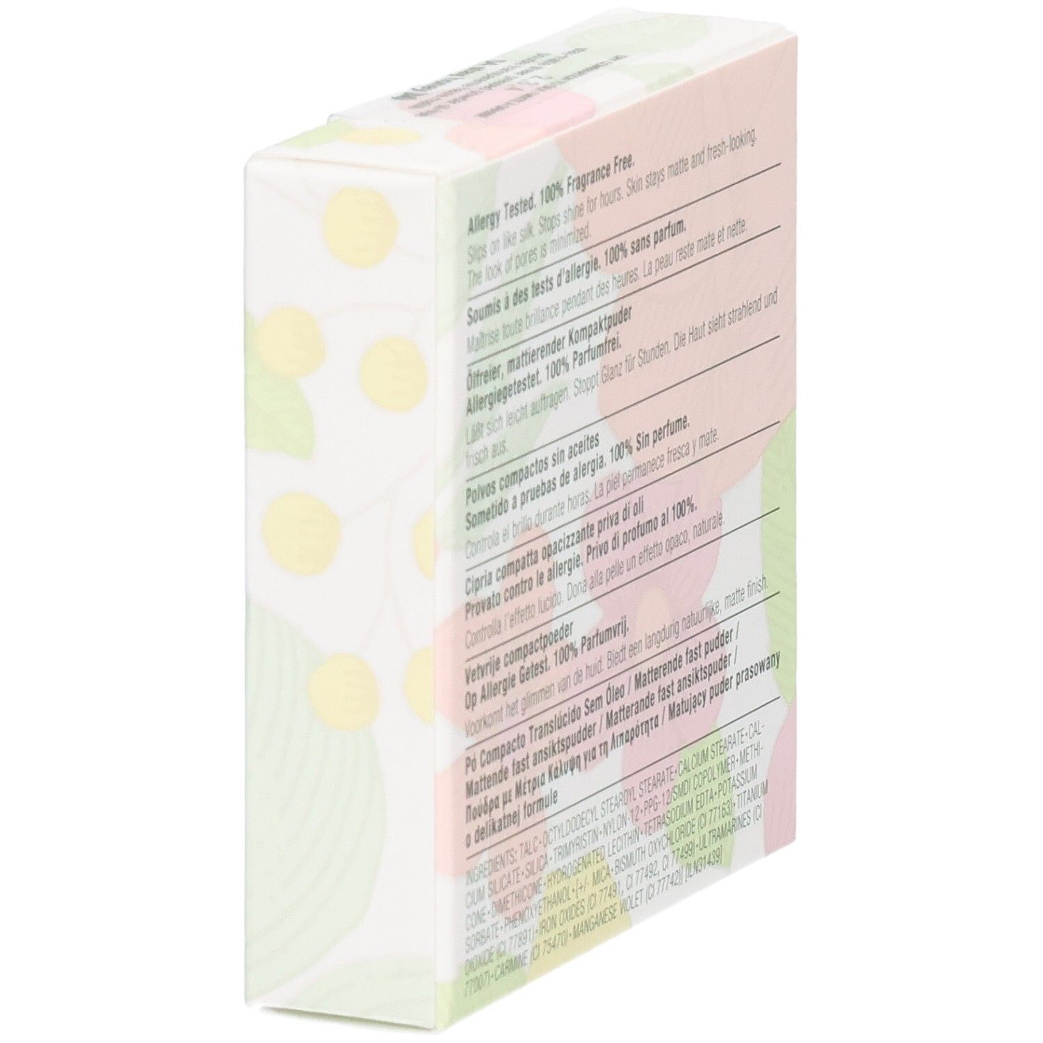 Seite der Clinique Stay-Matte Sheer Pressed Powder Verpackung mit Produktinformationen.