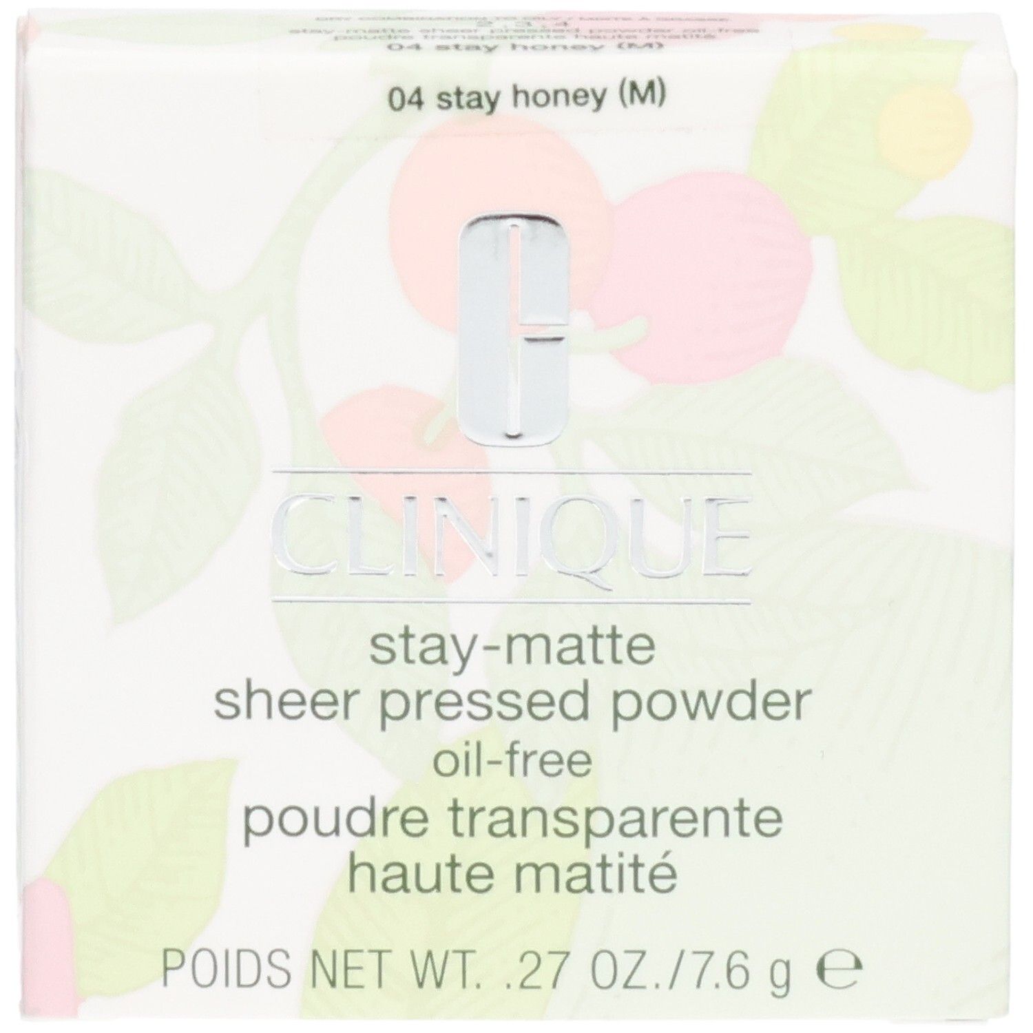 Clinique Stay-Matte Sheer Pressed Powder Verpackung, Farbton 04 Stay Honey.