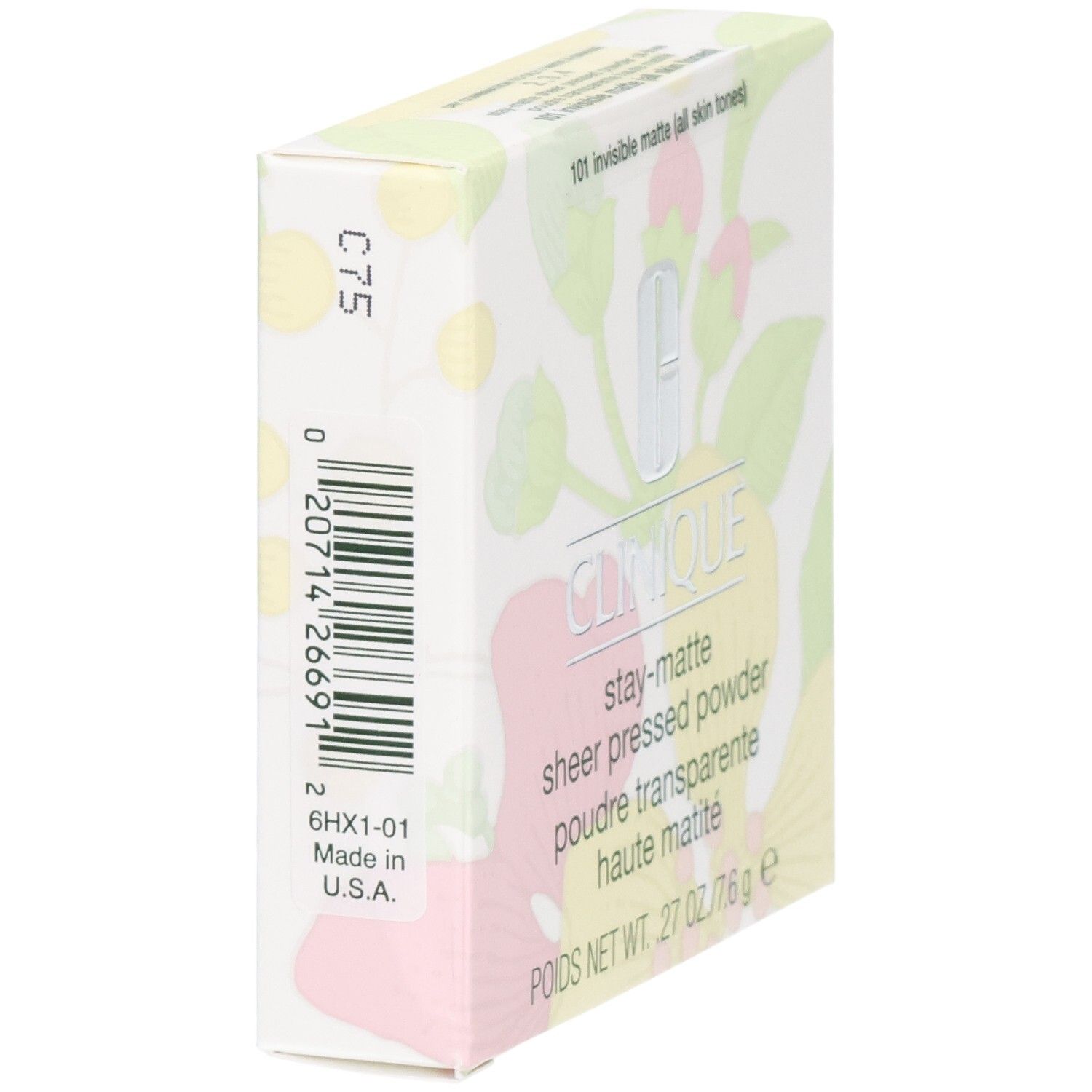 Clinique Stay-Matte Sheer Pressed Powder Verpackung mit Blumenmuster. Hergestellt in den USA.