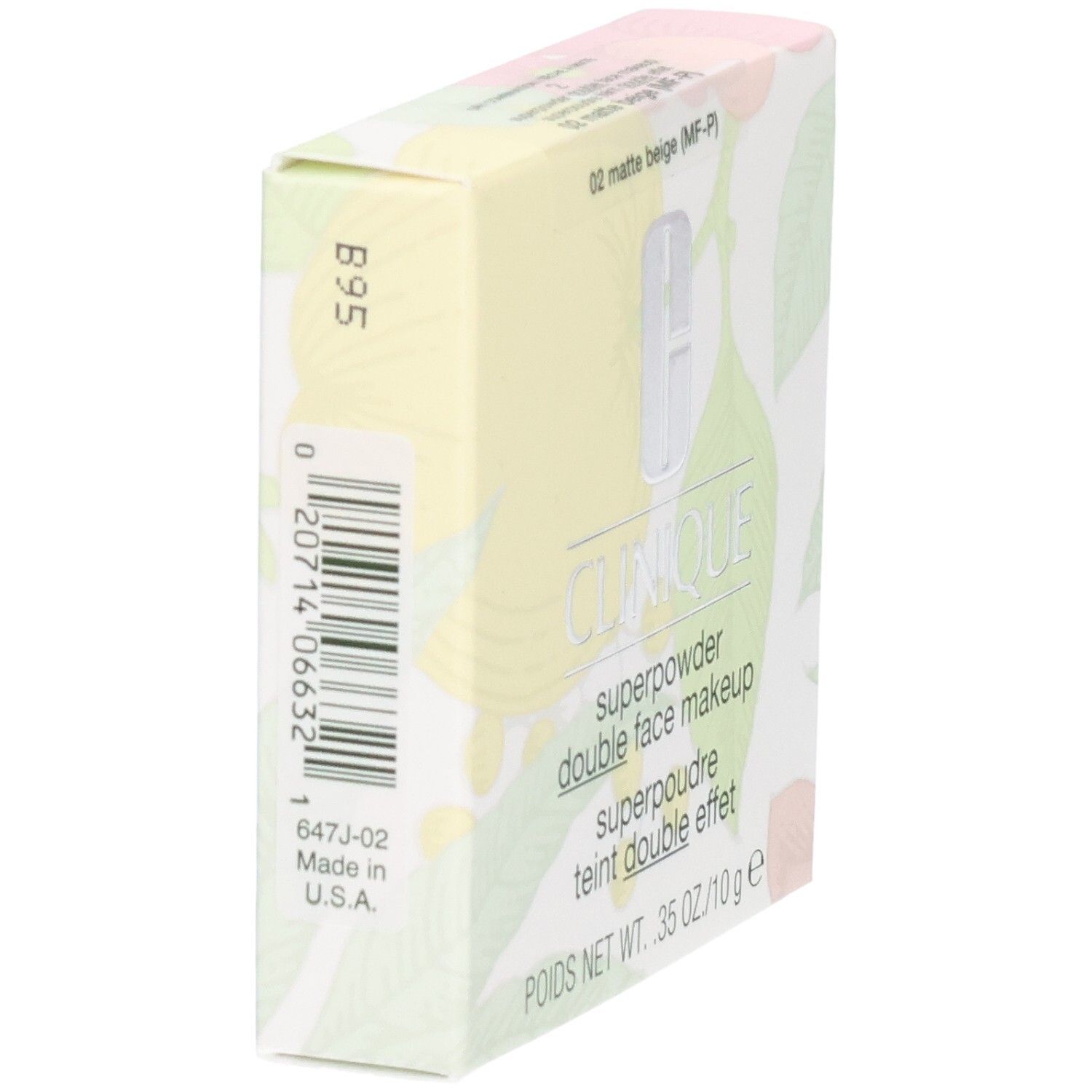 Rückseite der Clinique Superpowder Double Face Makeup Kartonverpackung mit Inhaltsstoffen und Zertifizierungen.
