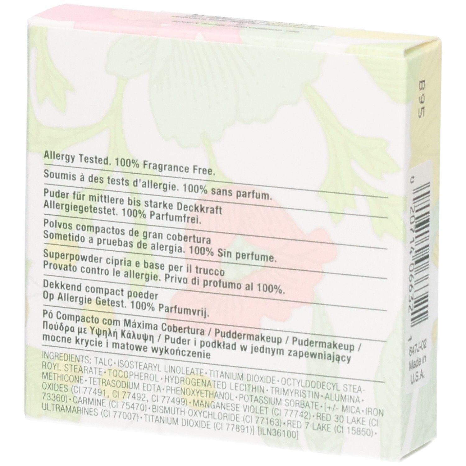 Seite der Clinique Superpowder Double Face Makeup Kartonverpackung mit Barcode und Herstellungsland.