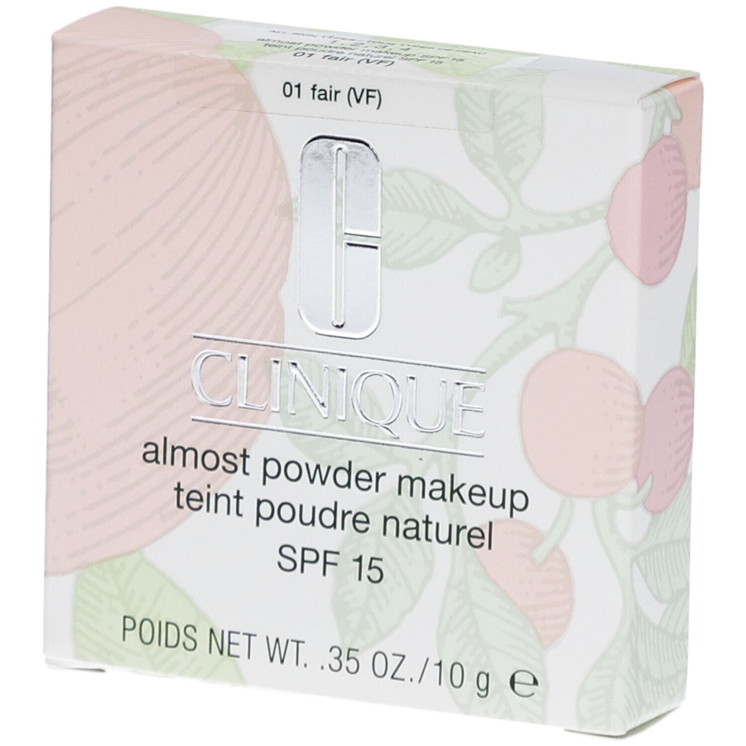 Clinique Fast Puder-Makeup SPF 15, FAIR. Verpackung mit floralem Muster. Produktname und SPF 15 sichtbar.